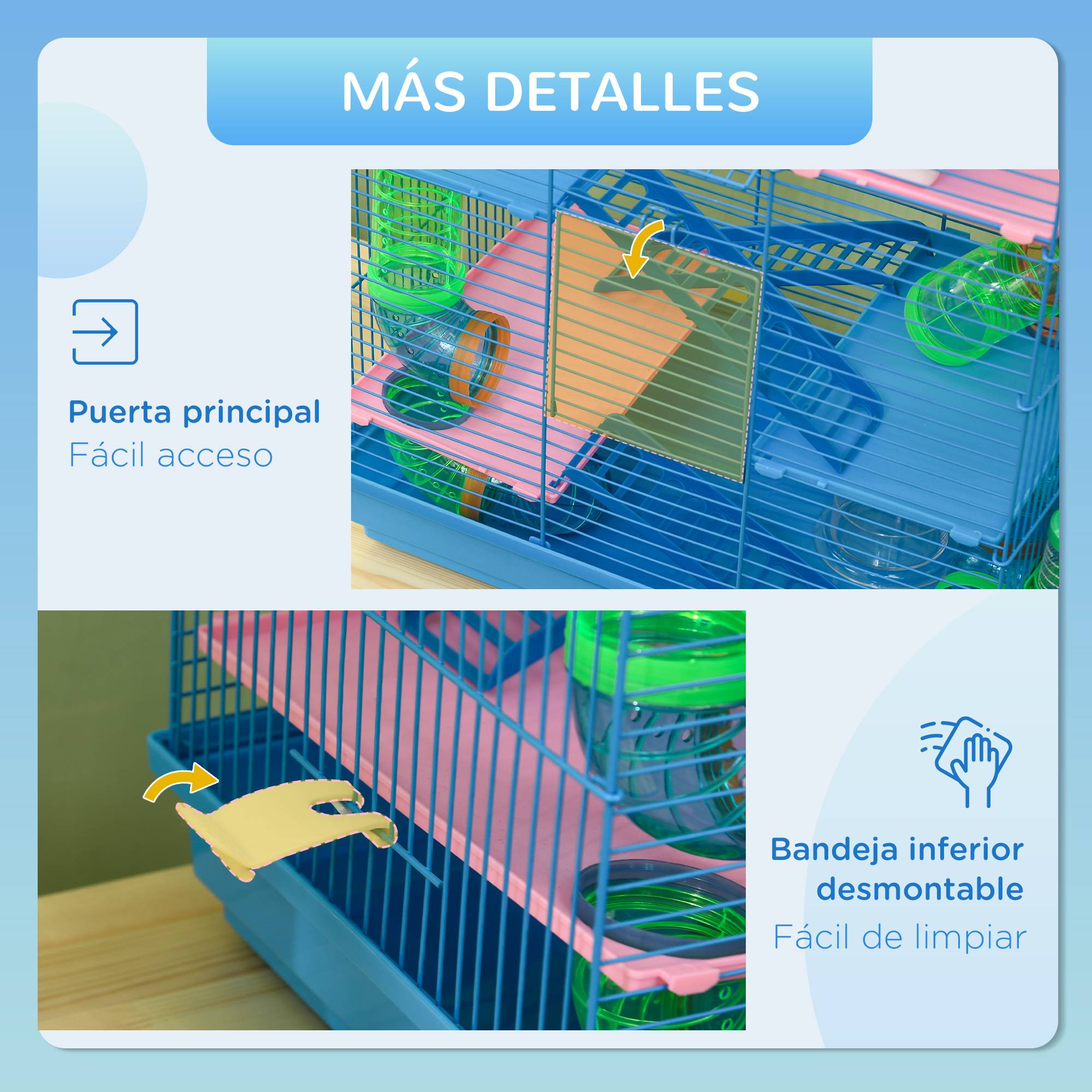 Cage hamster multi-niveaux tubes plateformes mangeoire abreuvoir cabane roue échelles, 47x30x59cm, bleu - Image 8