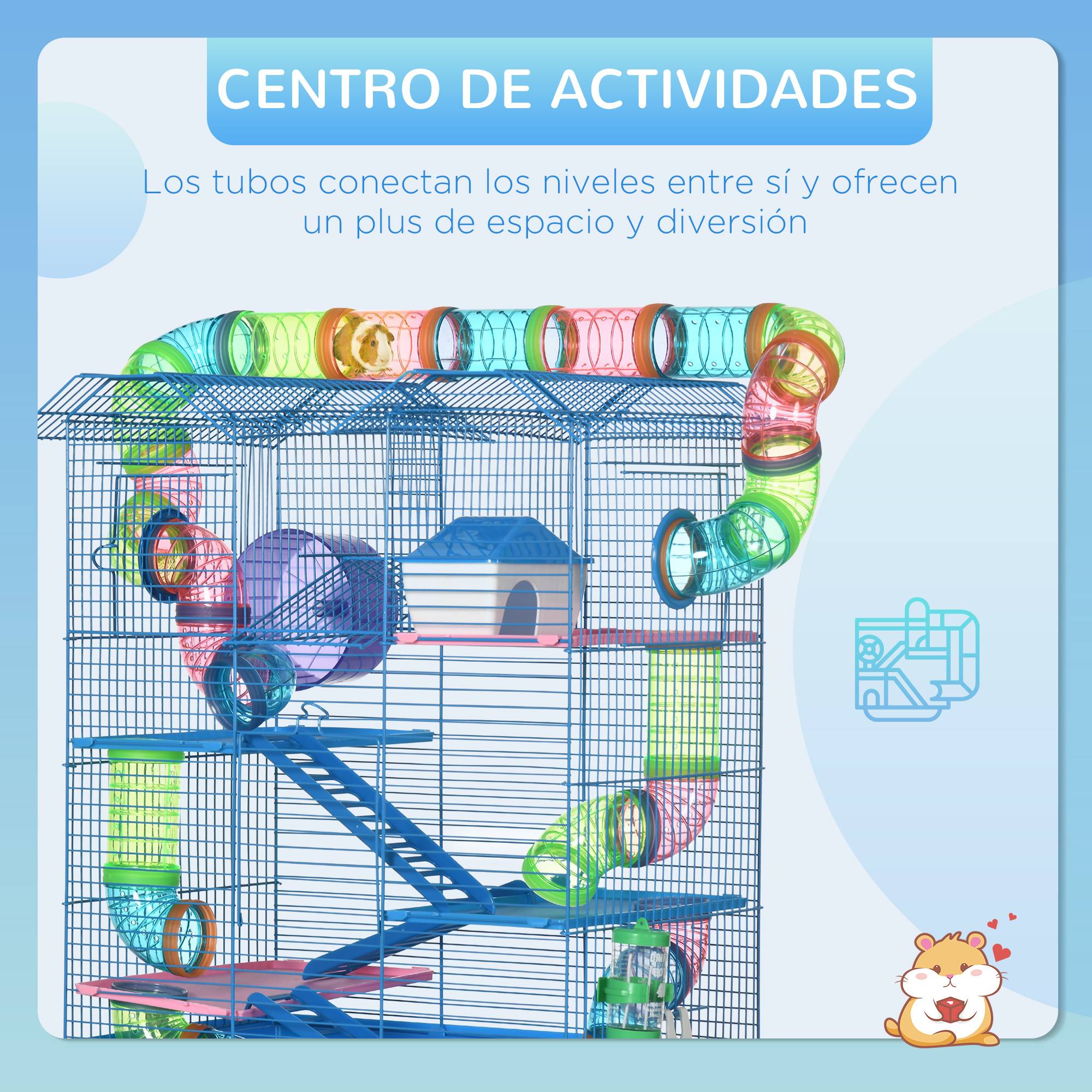 Cage hamster multi-niveaux tubes plateformes mangeoire abreuvoir cabane roue échelles, 47x30x59cm, bleu - Image 9