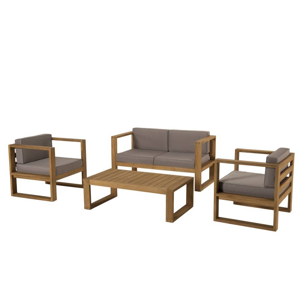 Macabane - KIM - Salon de jardin bois teck canapé 2p. 2 fauteuils et table basse - Image 1