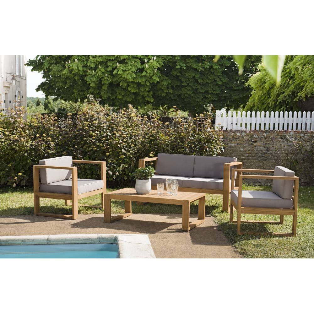 Macabane - KIM - Salon de jardin bois teck canapé 2p. 2 fauteuils et table basse - Image 2