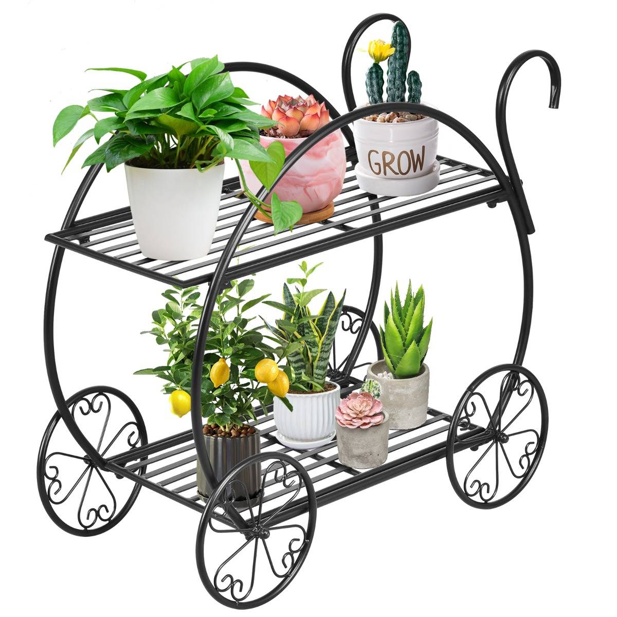 Relaxdays Étagère à Fleurs 2 Niveaux Métal – Support Plantes Extérieur Balcon Terrasse Jardin, Design Coeur & Fleur, Noir