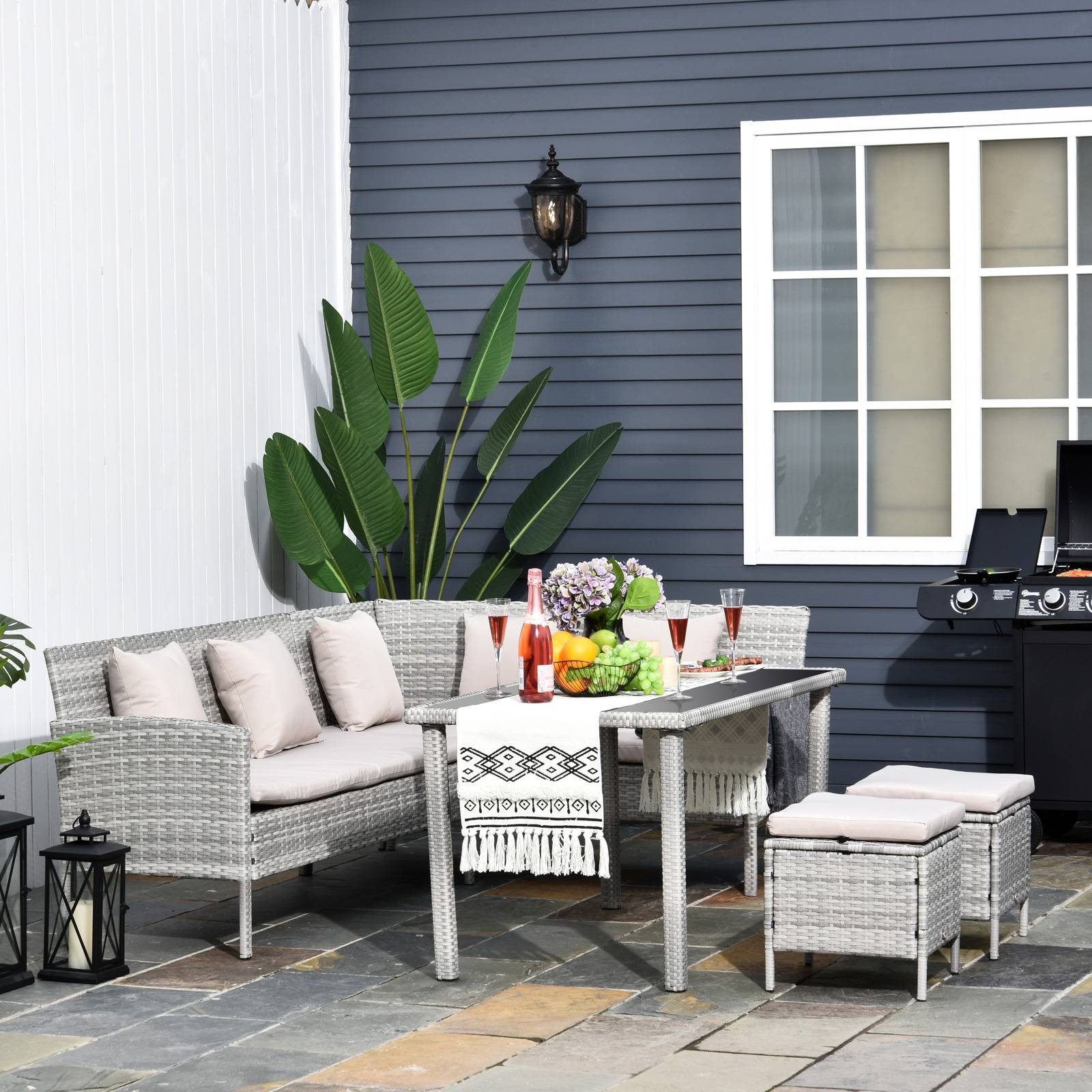 Outsunny - Salon de jardin 6 pers. grand confort canapé d'angle + 2 poufs + table à manger 9 coussins assise & dossier fournis résine tressée grise - Outsunny - Image 4