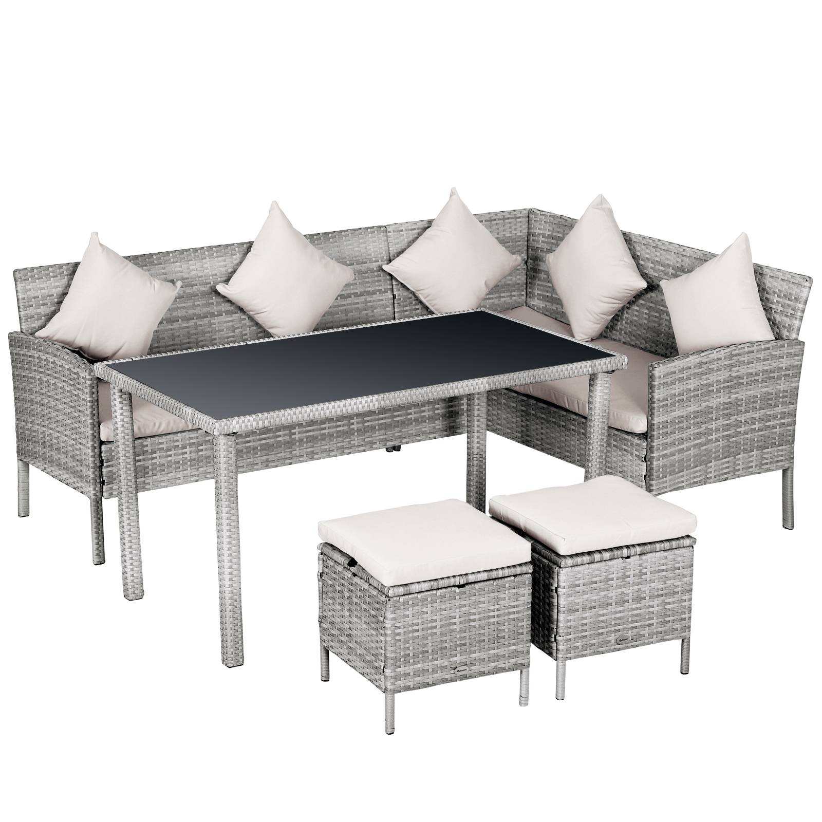 Outsunny - Salon de jardin 6 pers. grand confort canapé d'angle + 2 poufs + table à manger 9 coussins assise & dossier fournis résine tressée grise - Outsunny - Image 1