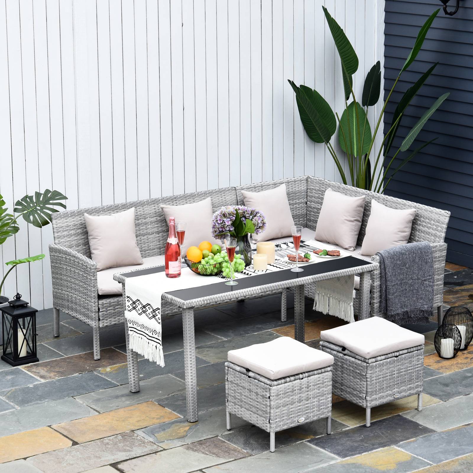 Outsunny - Salon de jardin 6 pers. grand confort canapé d'angle + 2 poufs + table à manger 9 coussins assise & dossier fournis résine tressée grise - Outsunny - Image 2