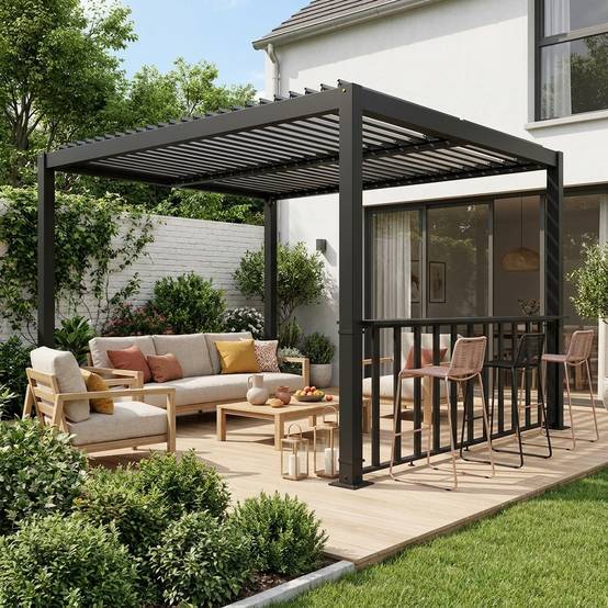 Pergola bioclimatique aluminium et acier 4x3m + bar 3m anthracite Palace | sweeek - Image 1
