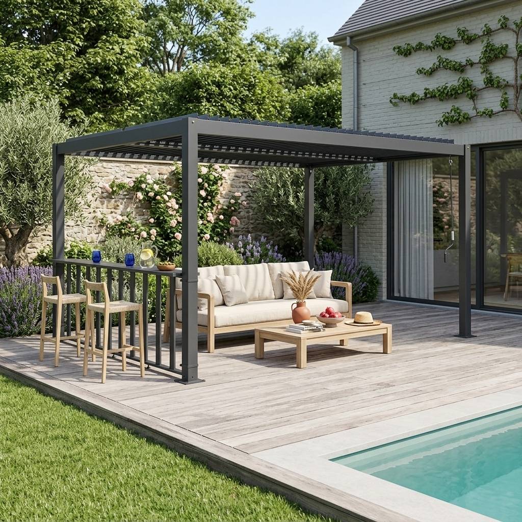 sweeek - Pergola bioclimatique aluminium et acier 4x3m + bar 3m anthracite Palace | sweeek - Image 1