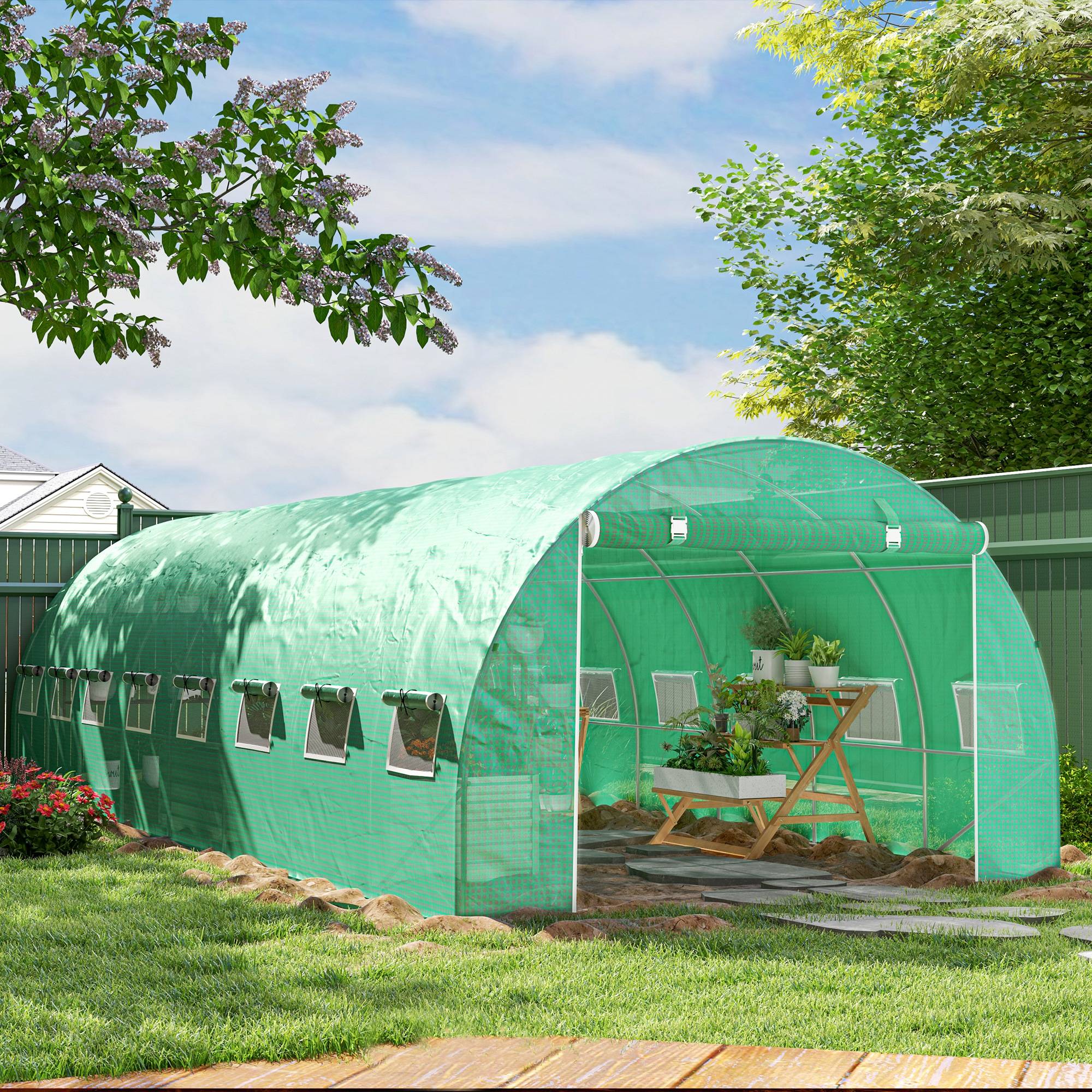 Serre de jardin tunnel 24m² 8L x 3l x 2H m - 16 fenêtres, Porte zippée enroulable acier galvanisé, bâche PE, Vert - Image 3
