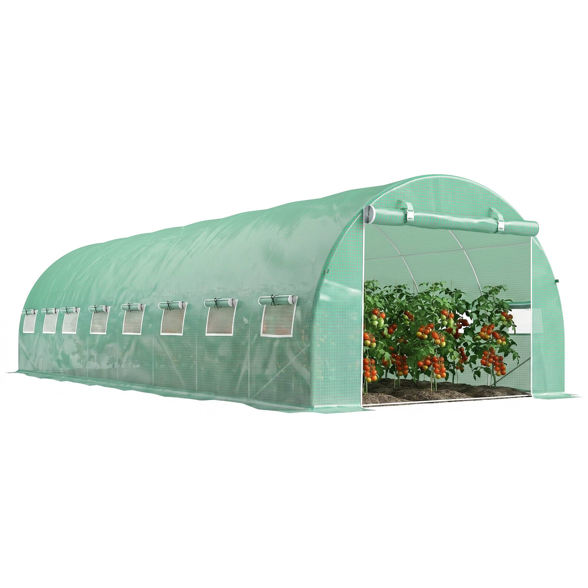 Serre de jardin tunnel 24m² 8L x 3l x 2H m - 16 fenêtres, Porte zippée enroulable acier galvanisé, bâche PE, Vert - Image 1