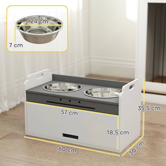 Gamelle surélevée chien bois inox avec rangement bol anti-glouton 60x30x35,5cm blanc - ComfortXL Outdoor Living - Image 3