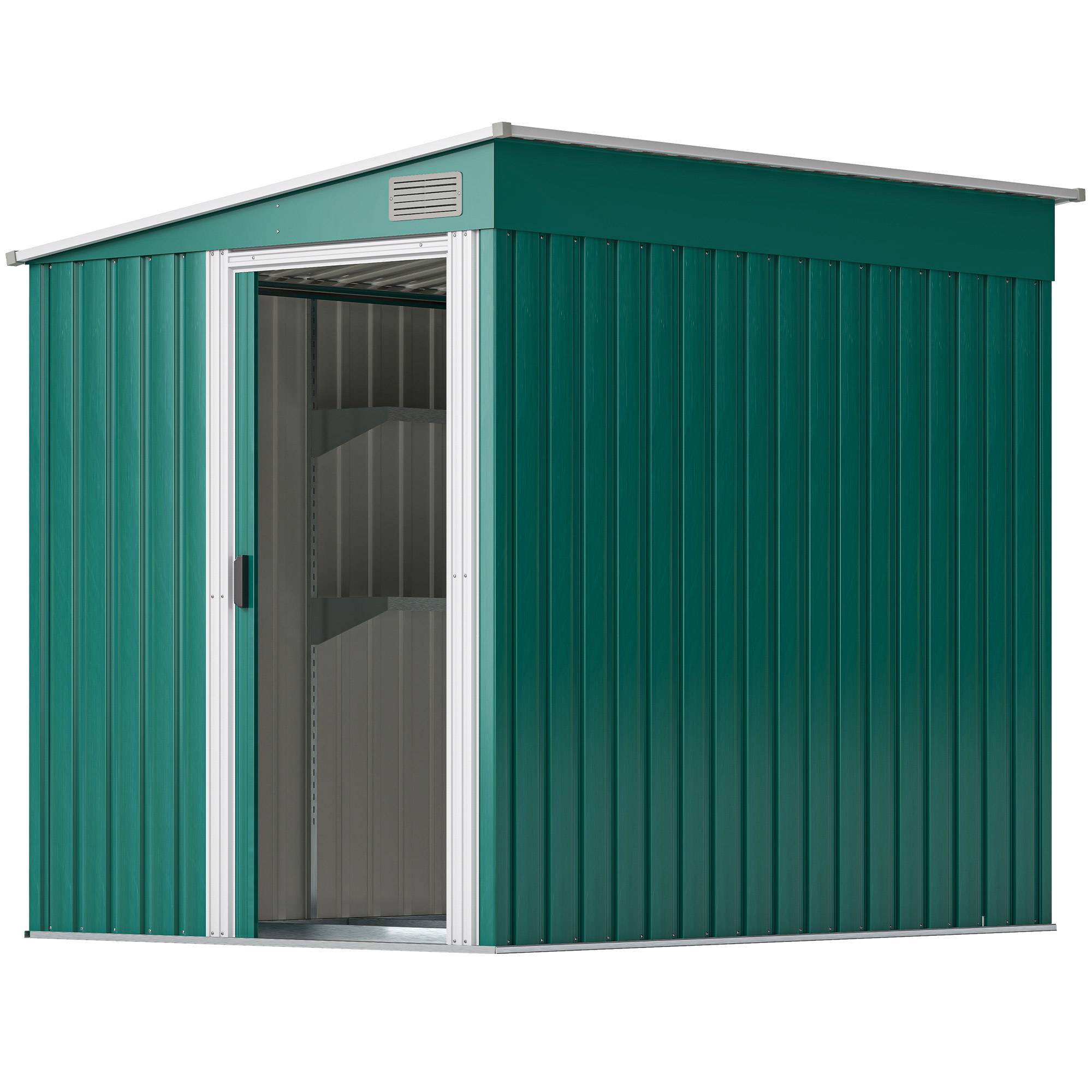 Abri de jardin métal 1,5x2 m avec base porte coulissante toit pente rangement outils extérieur vert - Image 2