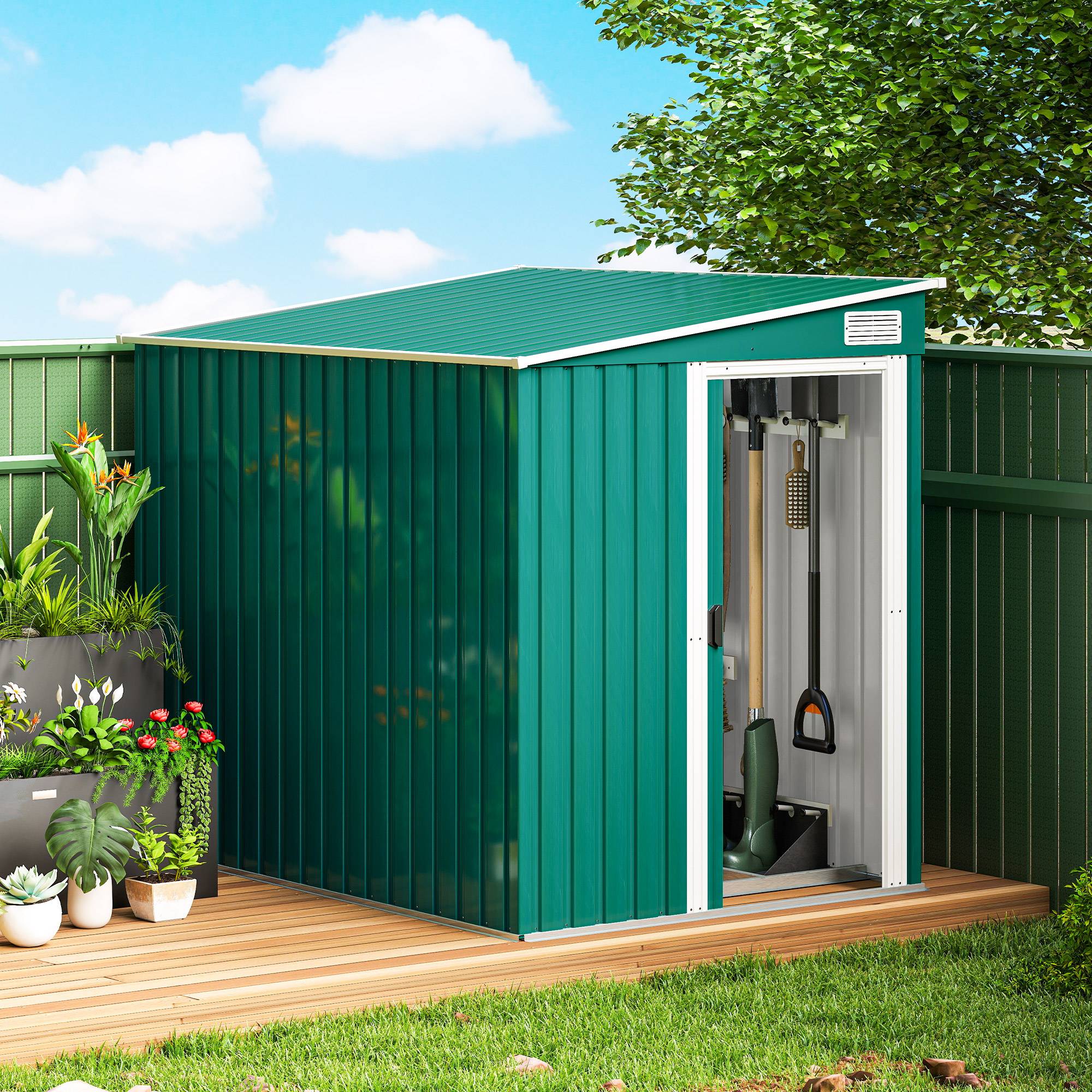 Abri de jardin métal 1,5x2 m avec base porte coulissante toit pente rangement outils extérieur vert - Image 4