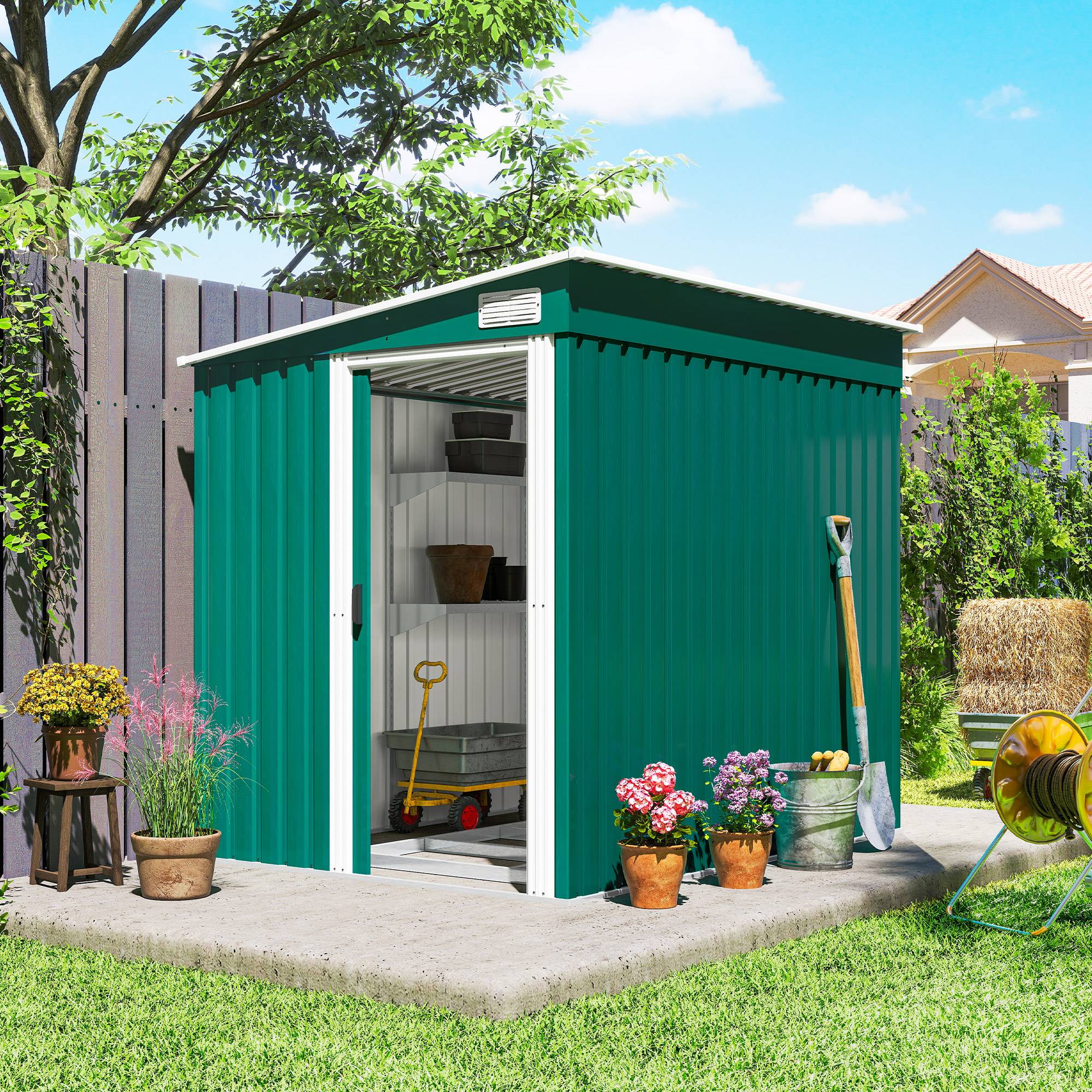 Abri de jardin métal 1,5x2 m avec base porte coulissante toit pente rangement outils extérieur vert - Image 3