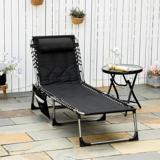 Sans Marque - Chaise longue jardin pliable, appui‑tête poche latérale, dossier 5 positions, résistante aux intempéries, charge 130 kg, jardin plage piscine, noir - Image 2