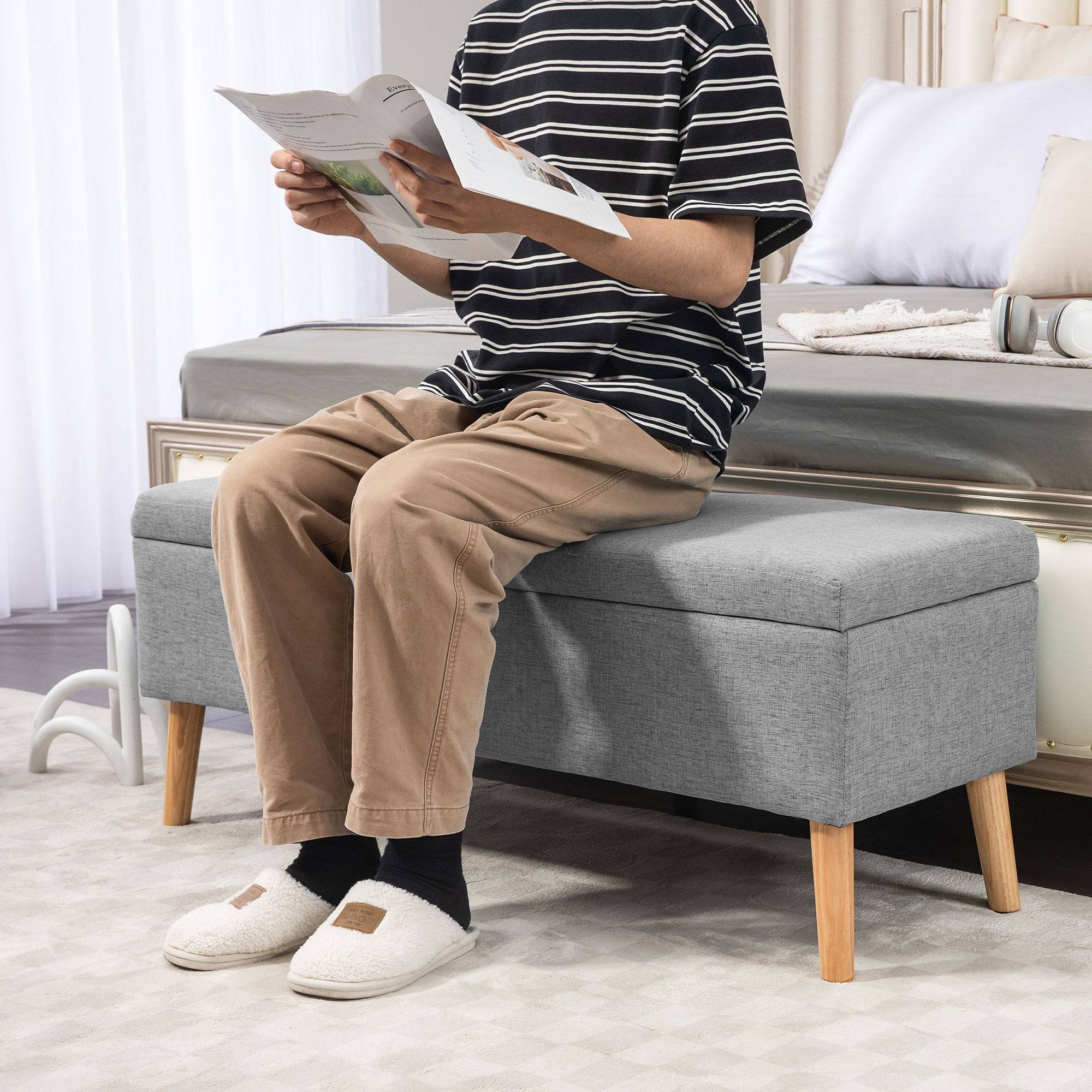 Banc coffre rangement rembourré aspect lin pour chambre à coucher, entrée, salon, charge 220 Kg, 110 x 39 x 45 cm, gris - Image 10