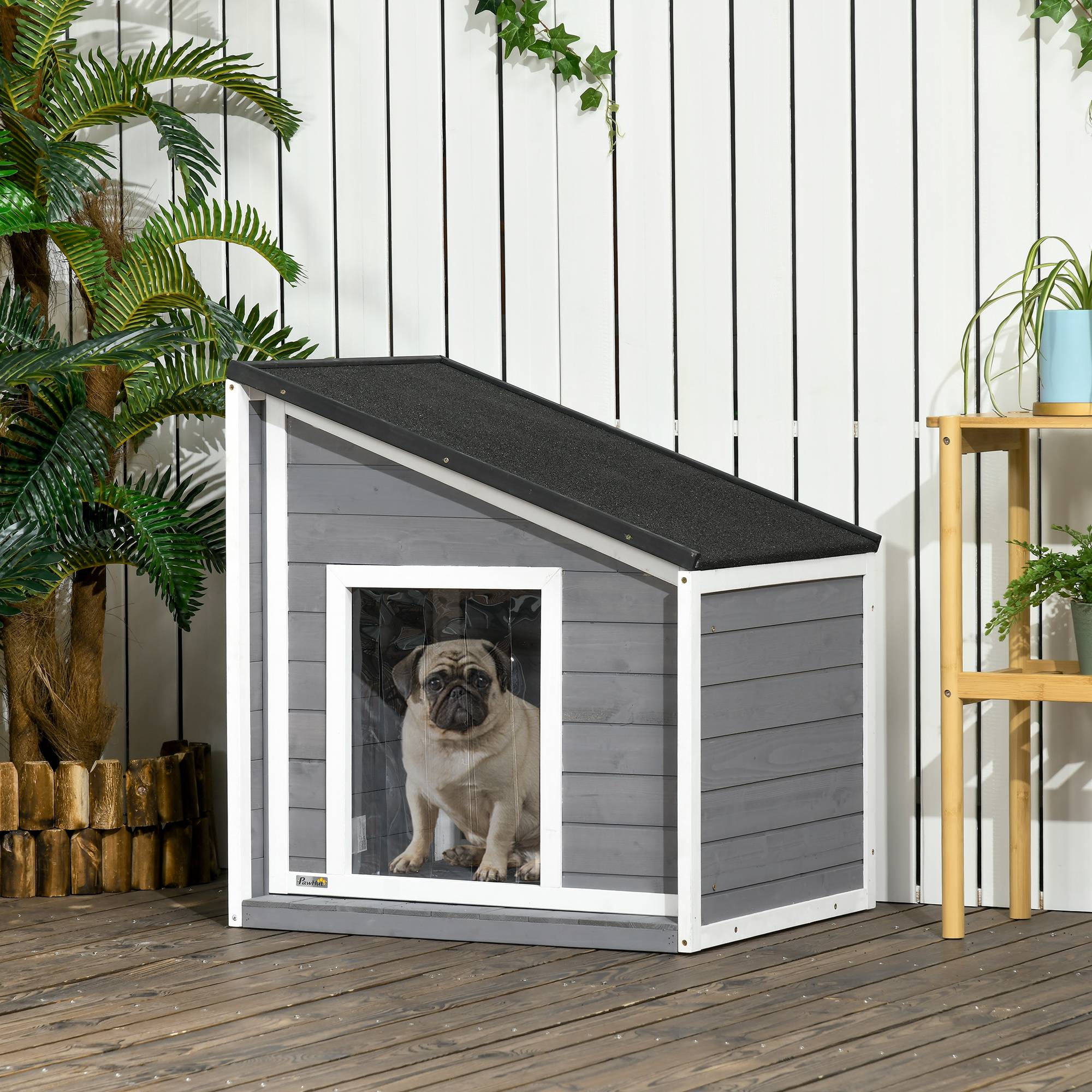 Niche pour chien bois massif résistante aux intempéries, toit asphalte,71x58x77cm gris et blanc - Image 3