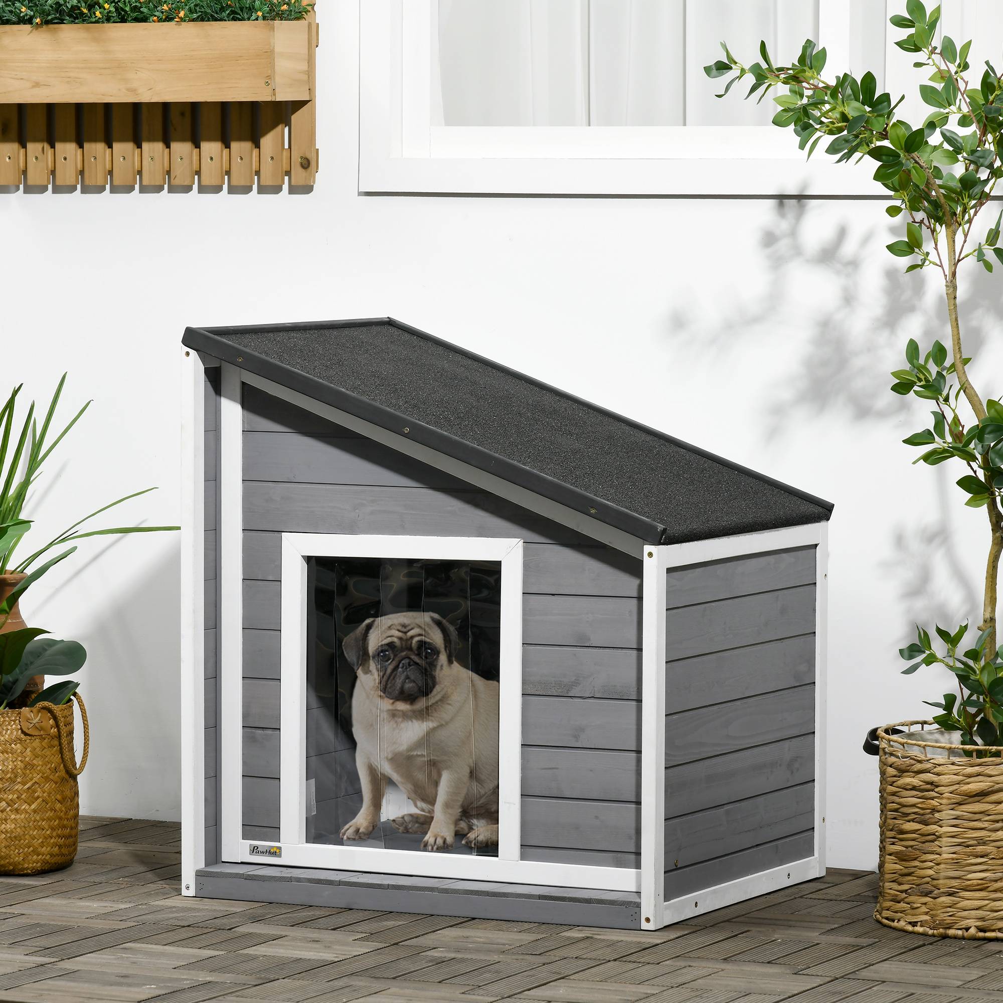 Niche pour chien bois massif résistante aux intempéries, toit asphalte,71x58x77cm gris et blanc - Image 4
