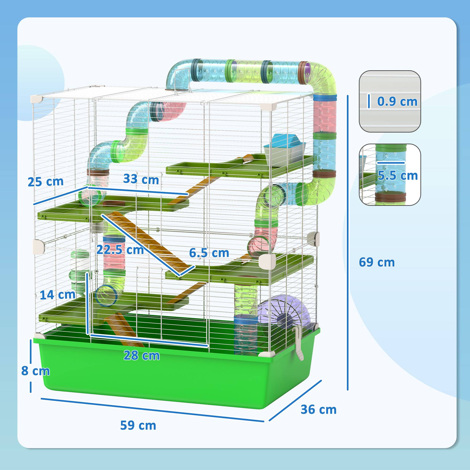 Sans Marque - Cage hamster 5 niveaux tubes maison aquarium roue acier/PP/PS 59x36x69 cm verte/blanche - Image 5
