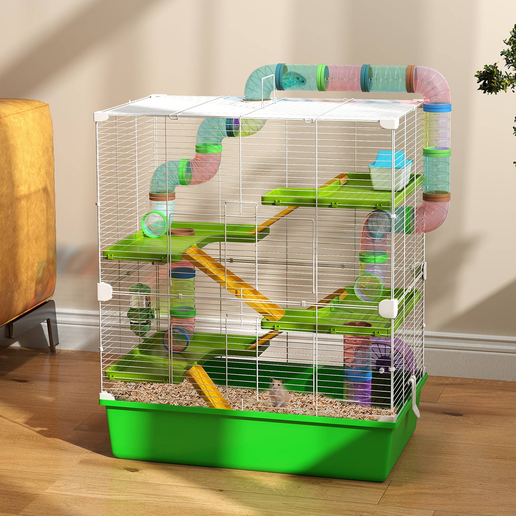 Sans Marque - Cage hamster 5 niveaux tubes maison aquarium roue acier/PP/PS 59x36x69 cm verte/blanche - Image 3