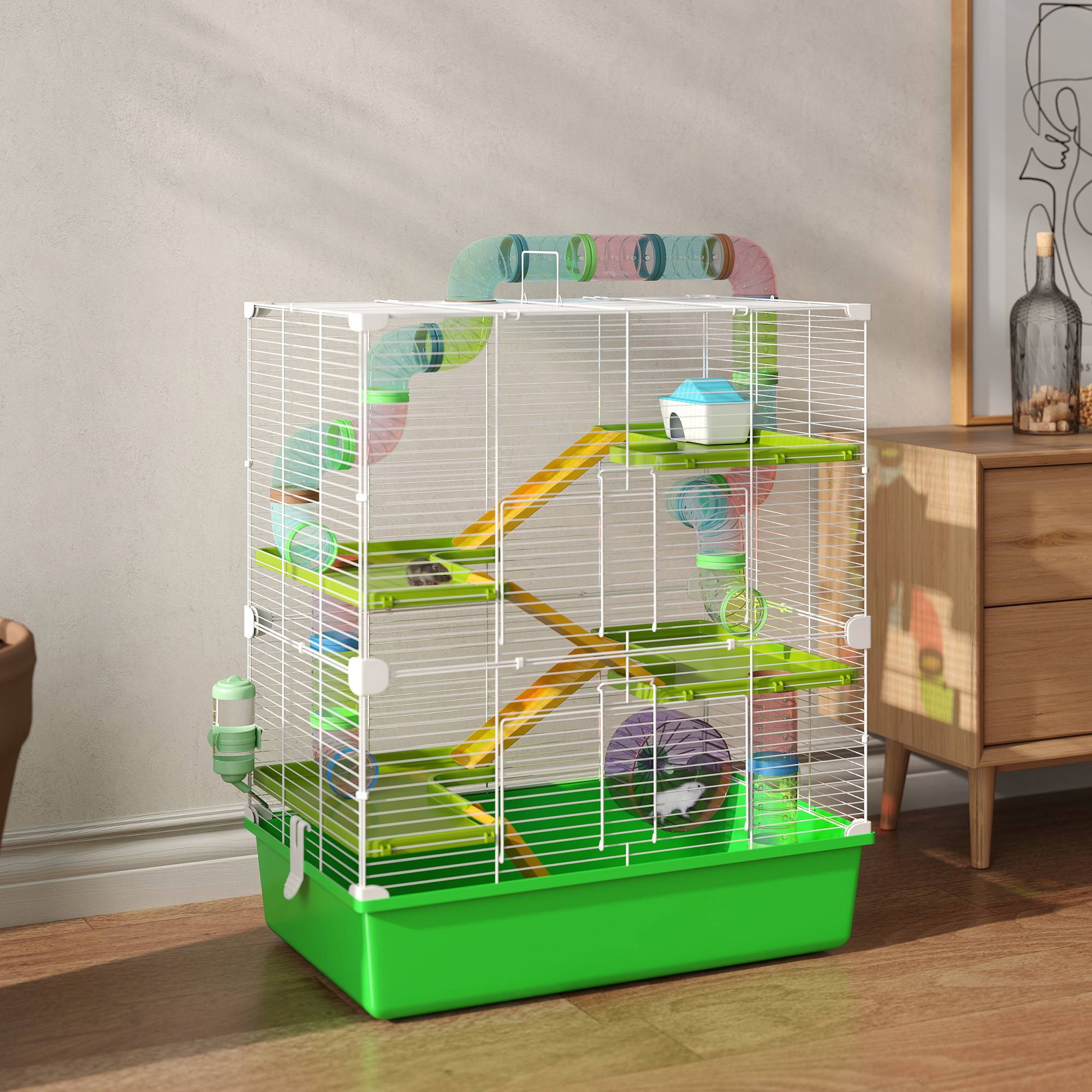Sans Marque - Cage hamster 5 niveaux tubes maison aquarium roue acier/PP/PS 59x36x69 cm verte/blanche - Image 4