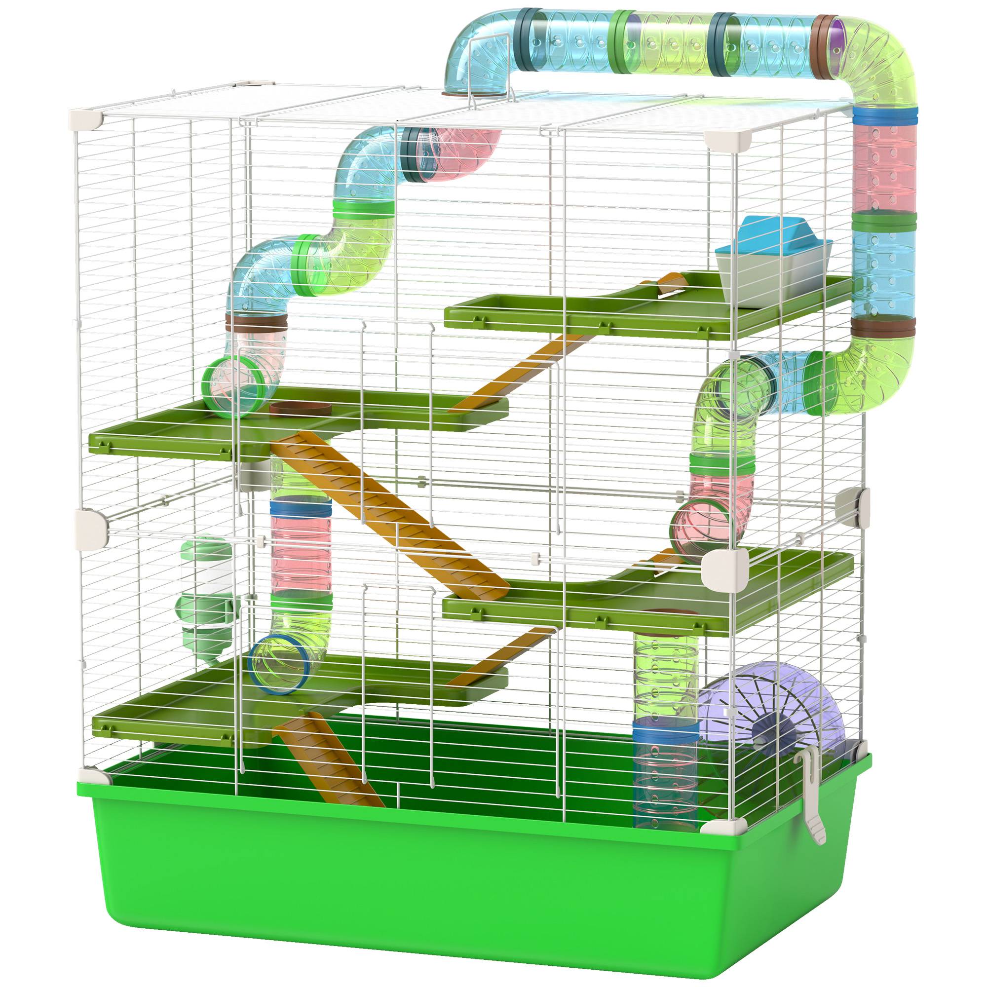 Sans Marque - Cage hamster 5 niveaux tubes maison aquarium roue acier/PP/PS 59x36x69 cm verte/blanche - Image 2