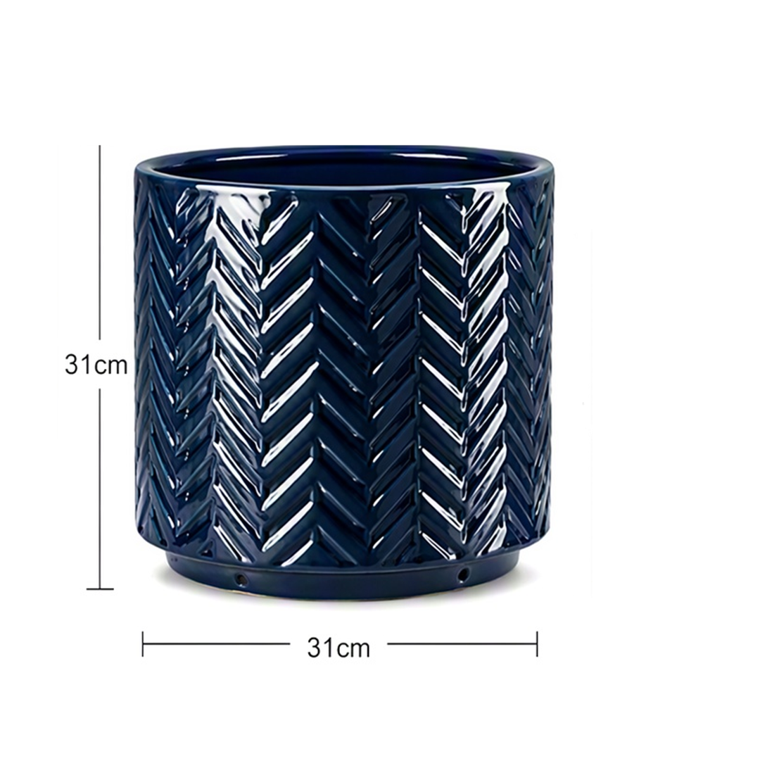 ComfortXL - Pot de fleurs céramique bleu marine Ø31 cm relief chevrons avec drainage pour intérieur balcon jardin - Image 3