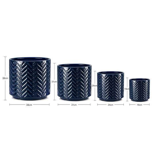 ComfortXL - Pot de fleurs céramique bleu marine Ø31 cm relief chevrons avec drainage pour intérieur balcon jardin - Image 4