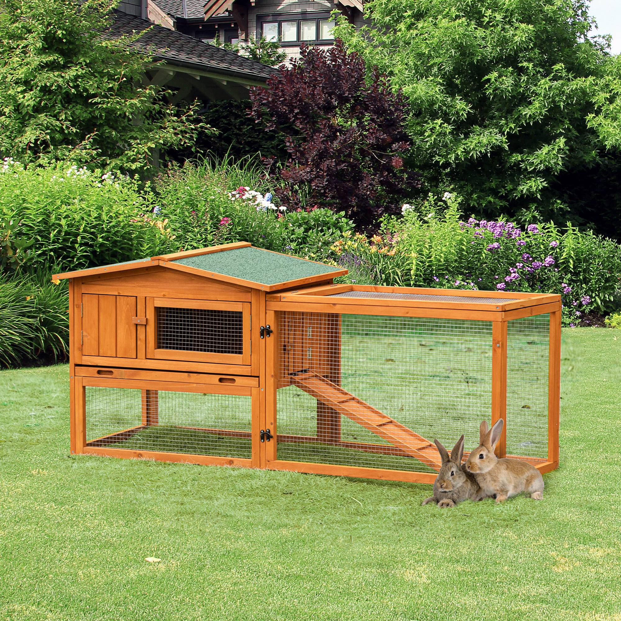 Clapier cage à lapins rongeurs 2 étages tiroir déjection enclos extérieur amovible toit ouvrant 156L x 58l x 68H cm bois massif pin - Image 3