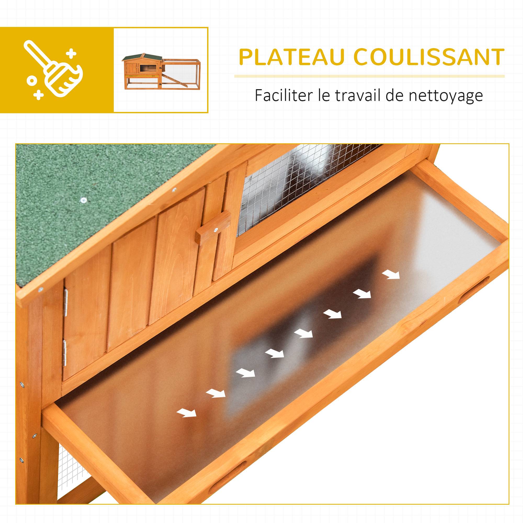 Clapier cage à lapins rongeurs 2 étages tiroir déjection enclos extérieur amovible toit ouvrant 156L x 58l x 68H cm bois massif pin - Image 8