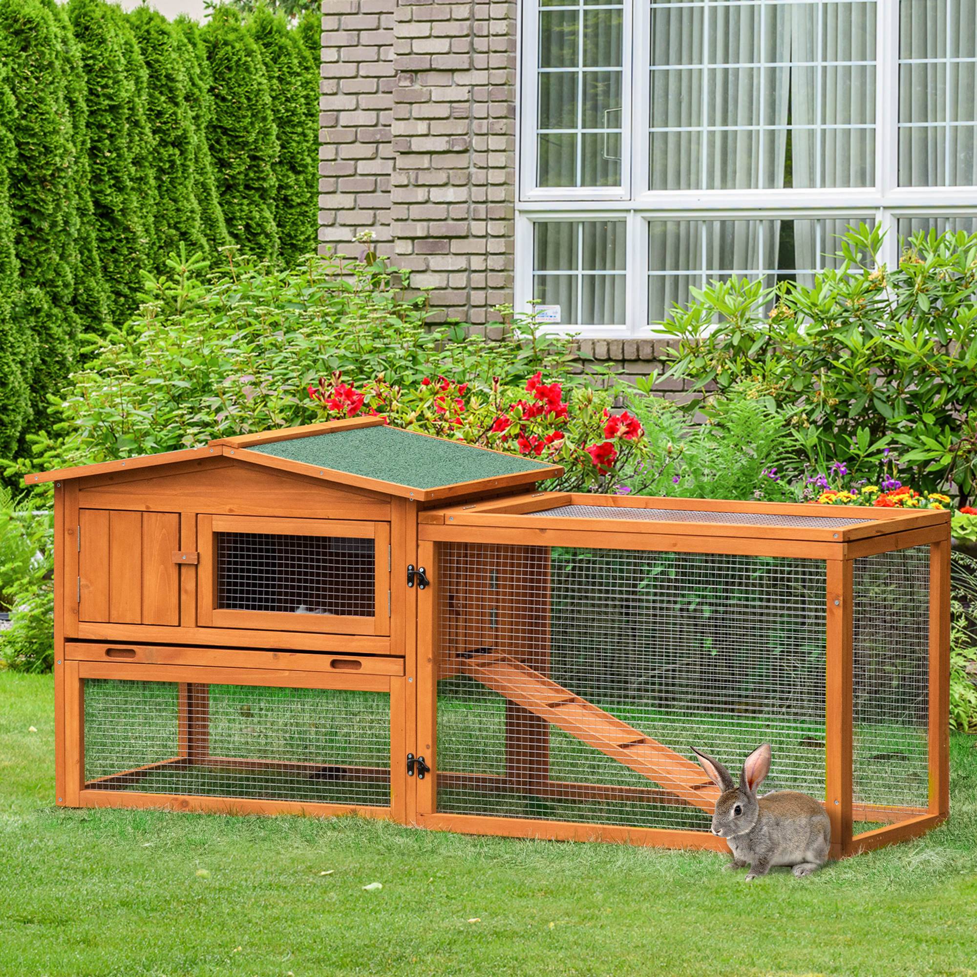 Clapier cage à lapins rongeurs 2 étages tiroir déjection enclos extérieur amovible toit ouvrant 156L x 58l x 68H cm bois massif pin - Image 4