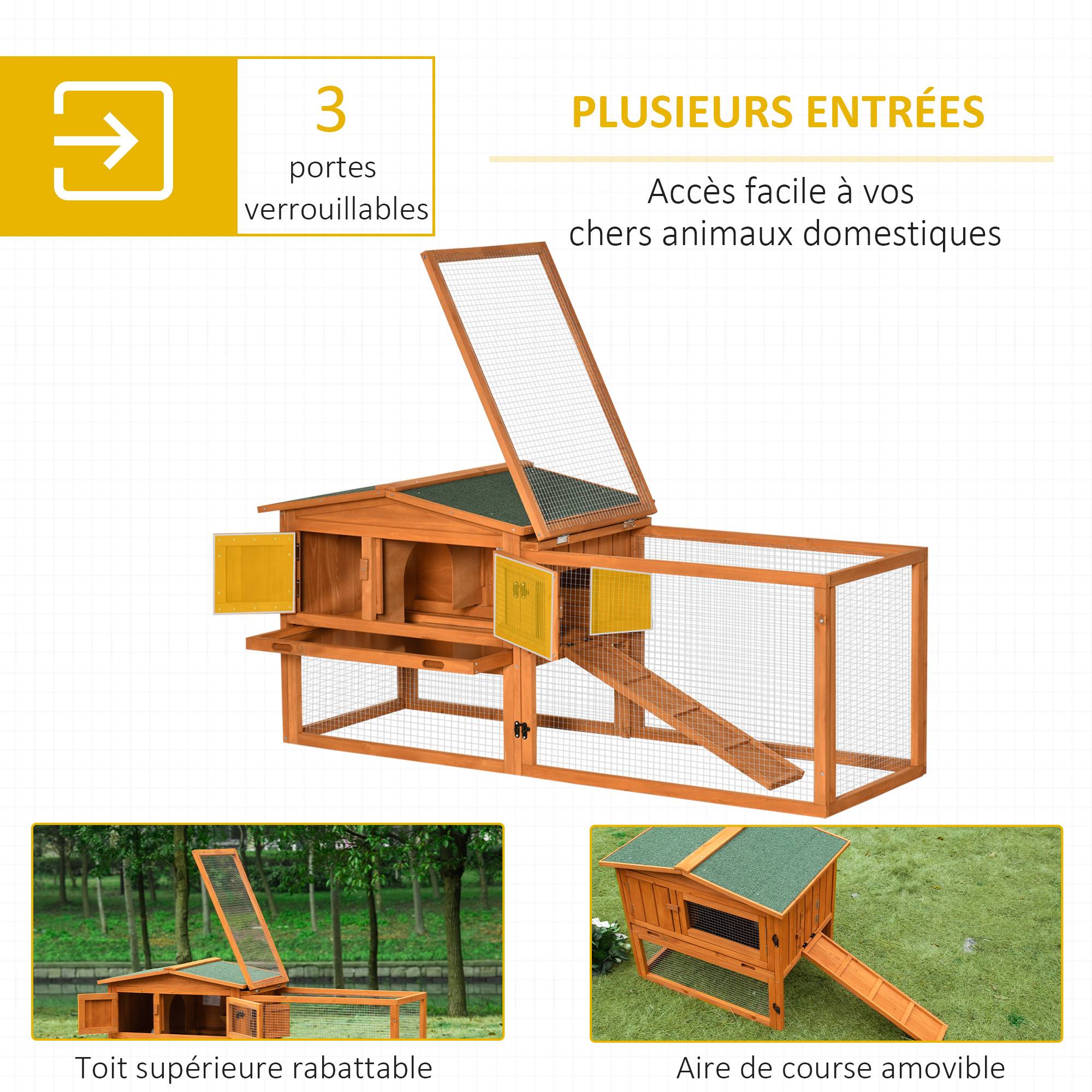 Clapier cage à lapins rongeurs 2 étages tiroir déjection enclos extérieur amovible toit ouvrant 156L x 58l x 68H cm bois massif pin - Image 6