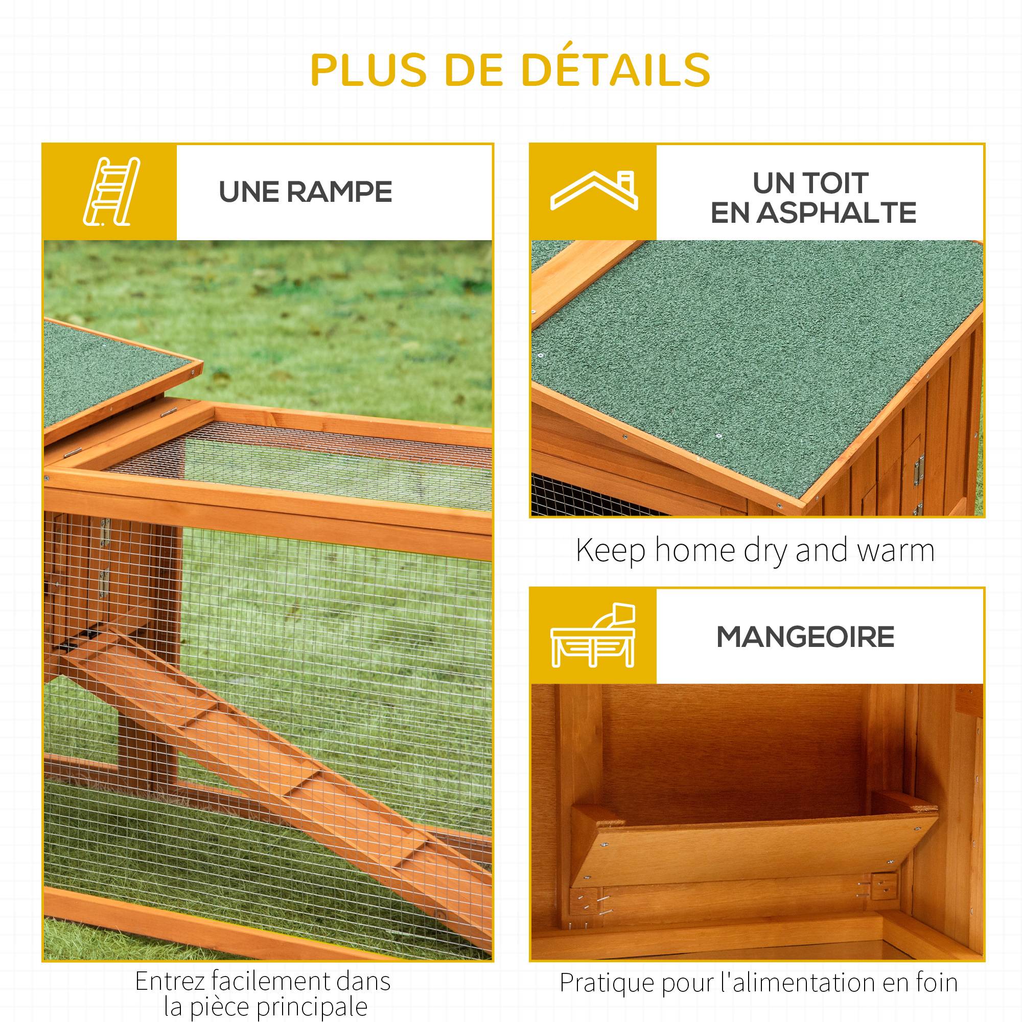 Clapier cage à lapins rongeurs 2 étages tiroir déjection enclos extérieur amovible toit ouvrant 156L x 58l x 68H cm bois massif pin - Image 9