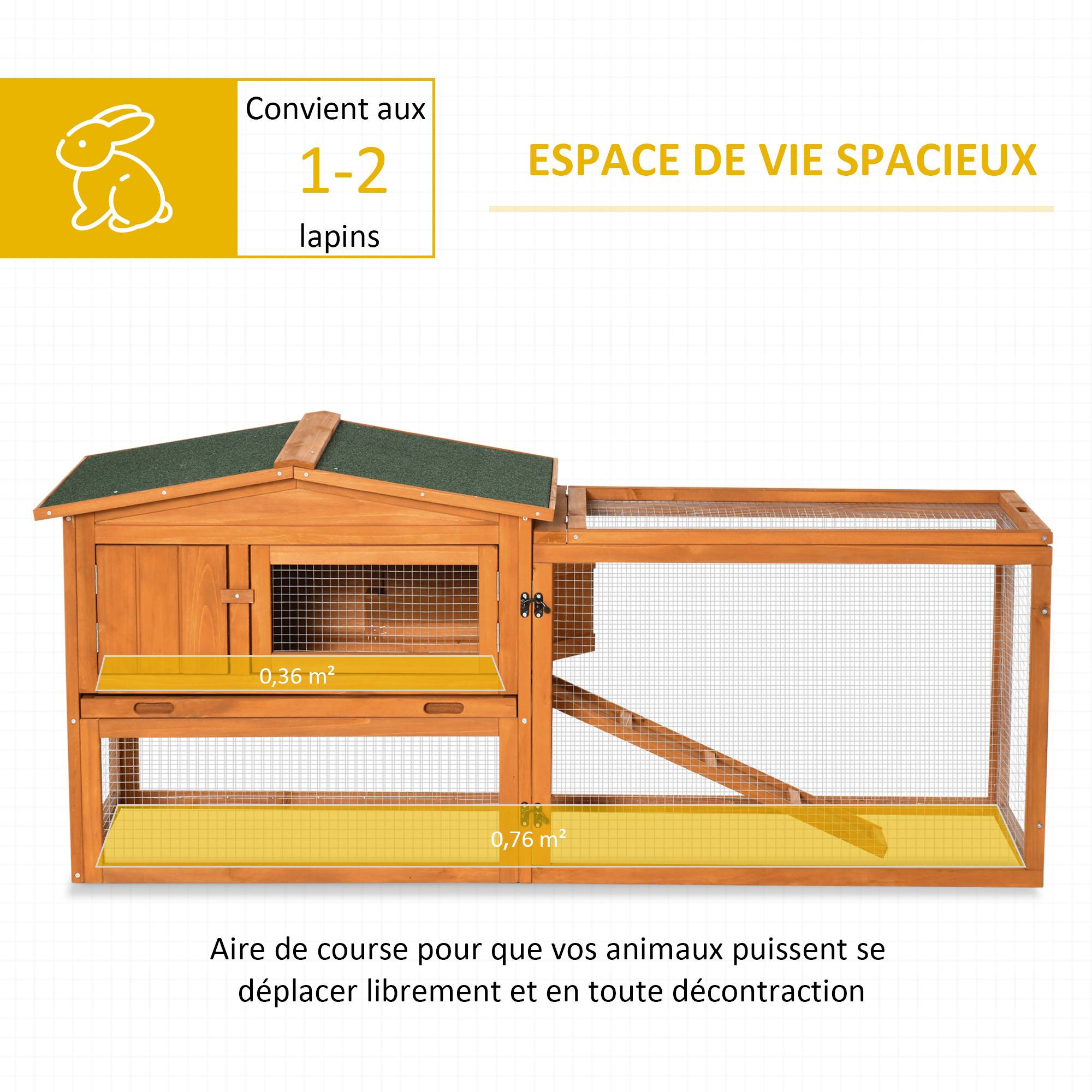 Clapier cage à lapins rongeurs 2 étages tiroir déjection enclos extérieur amovible toit ouvrant 156L x 58l x 68H cm bois massif pin - Image 7