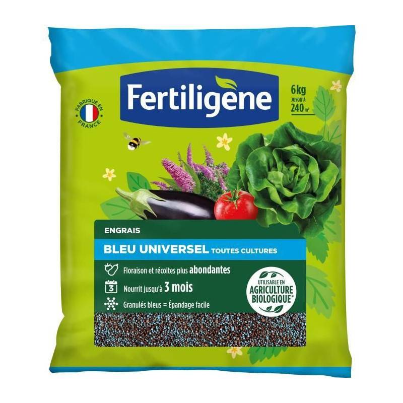 Fertiligène - Fertiligene Fbleubio6 - Engrais Bleu Universel 6 Kg - Floraison Et Récoltes Abondantes - Nourrit Jusqu'a 3 Mois - Pour 240m²