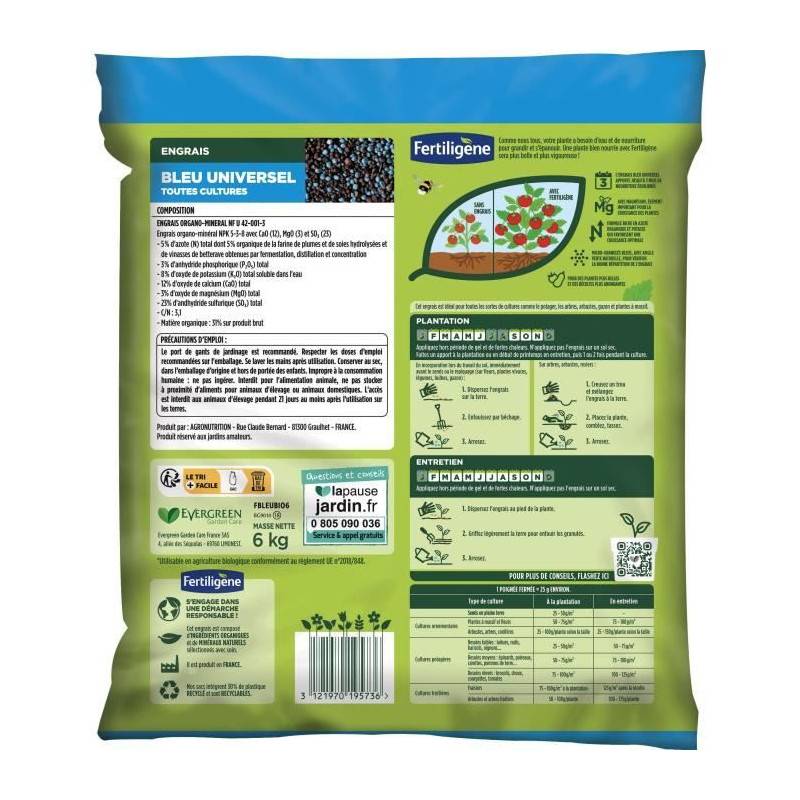 Fertiligène - Fertiligene Fbleubio6 - Engrais Bleu Universel 6 Kg - Floraison Et Récoltes Abondantes - Nourrit Jusqu'a 3 Mois - Pour 240m² - Image 2