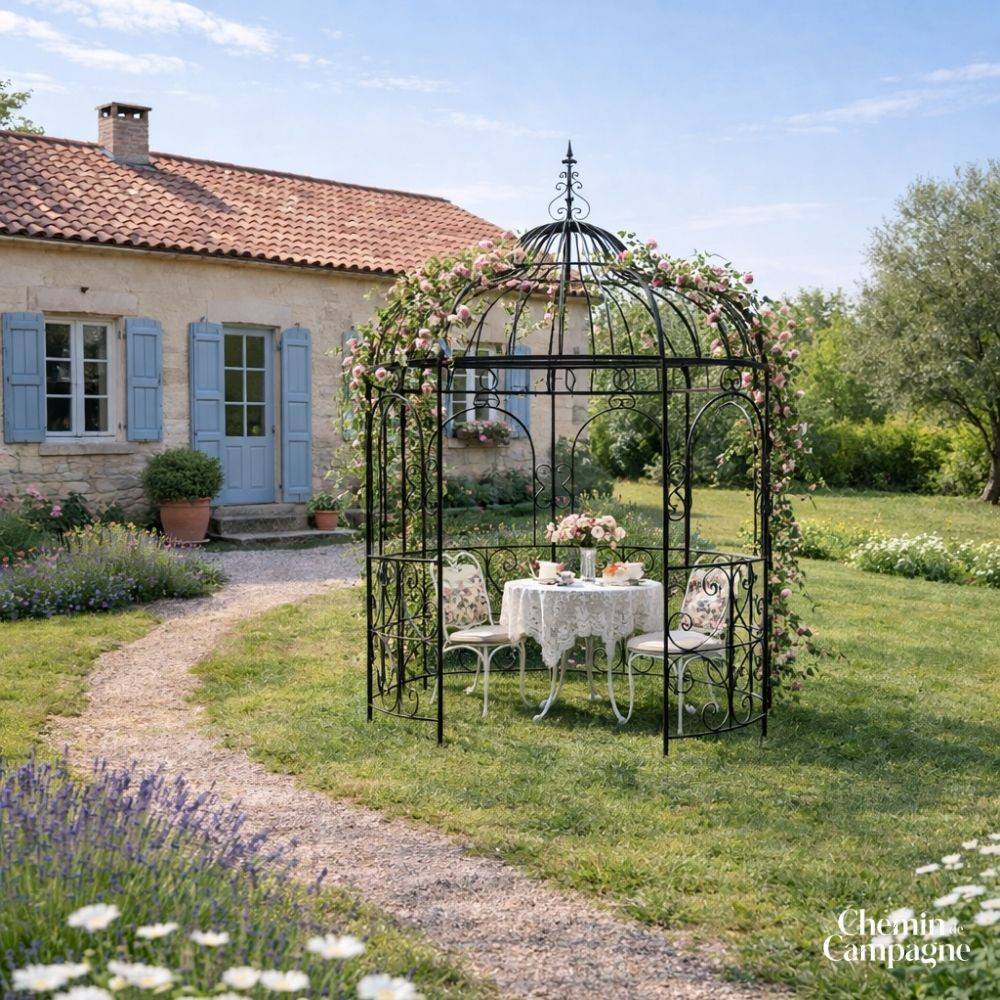 Chemin De Campagne - Gloriette gazebo tonnelle kiosque abri jardin fer marron 216x330 cm Chemin de campagne - Image 2