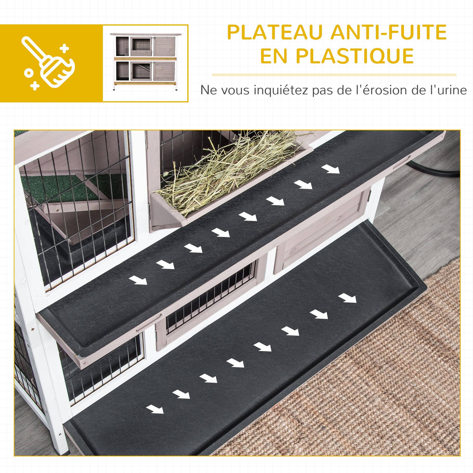 Cage à lapin en bois massif clapier 2 niveaux toit ouvrant avec auge plateaux coulisants 4 portes 122 x 50 x 101 cm gris blanc - Image 8