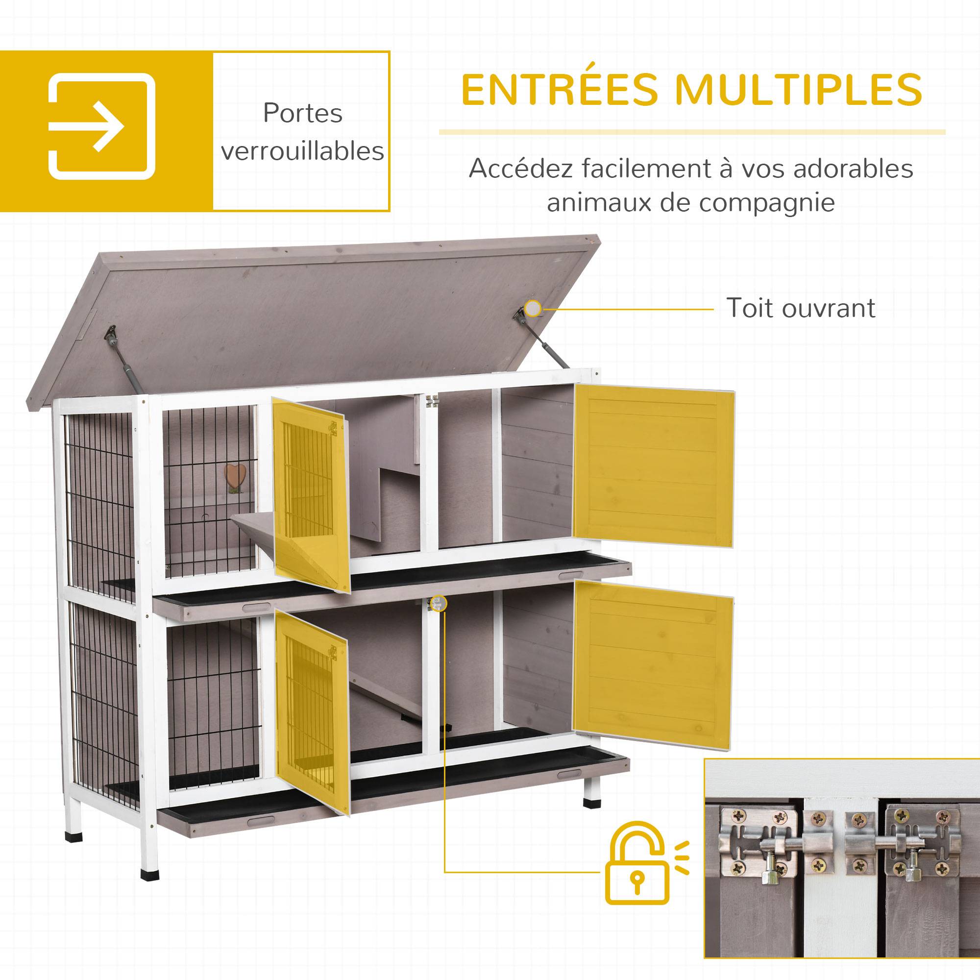Cage à lapin en bois massif clapier 2 niveaux toit ouvrant avec auge plateaux coulisants 4 portes 122 x 50 x 101 cm gris blanc - Image 7