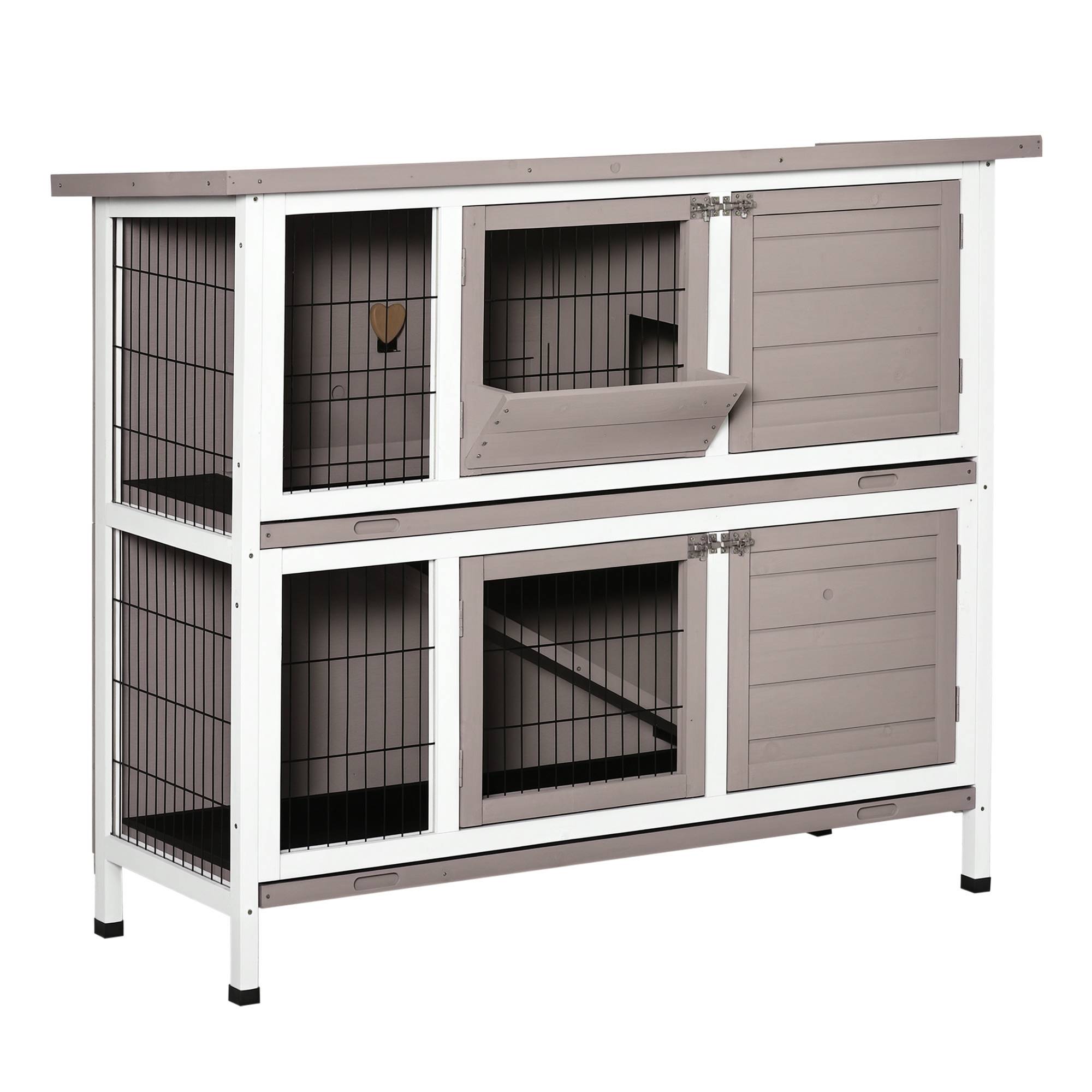 Cage à lapin en bois massif clapier 2 niveaux toit ouvrant avec auge plateaux coulisants 4 portes 122 x 50 x 101 cm gris blanc - Image 1