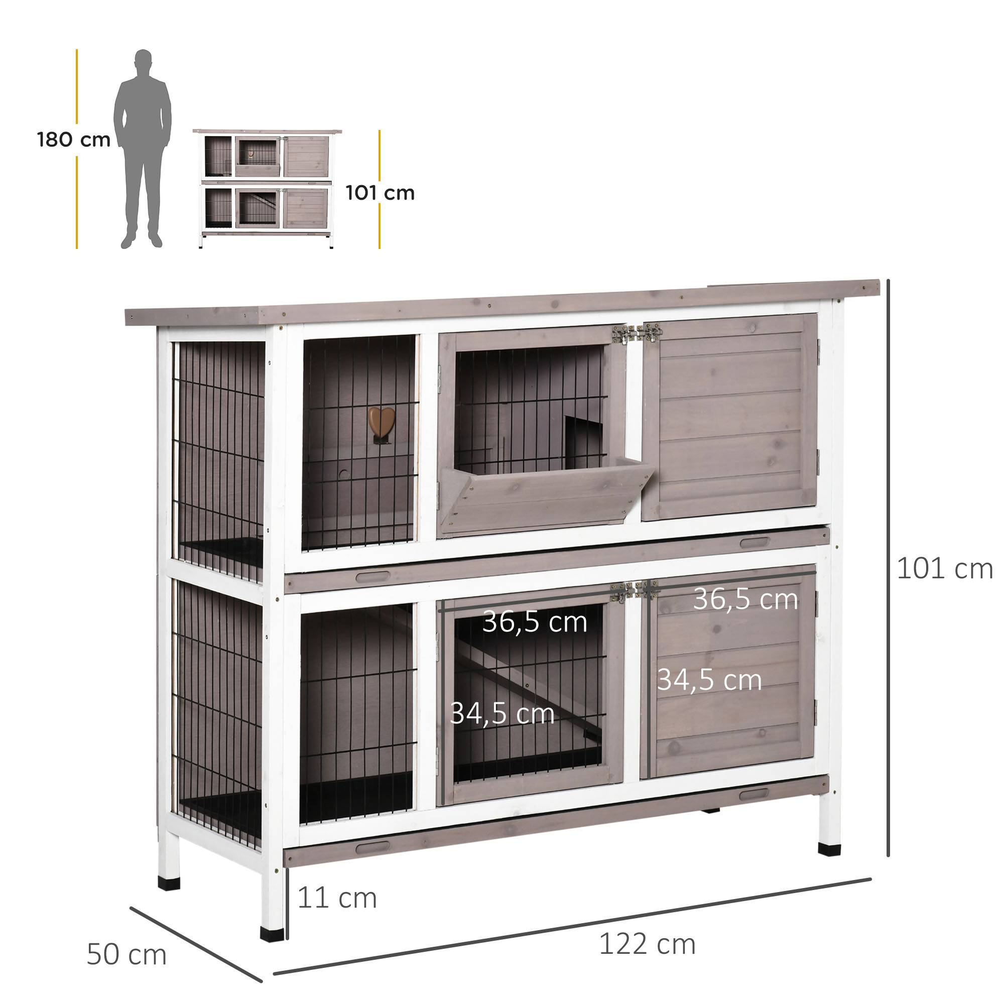 Cage à lapin en bois massif clapier 2 niveaux toit ouvrant avec auge plateaux coulisants 4 portes 122 x 50 x 101 cm gris blanc - Image 5