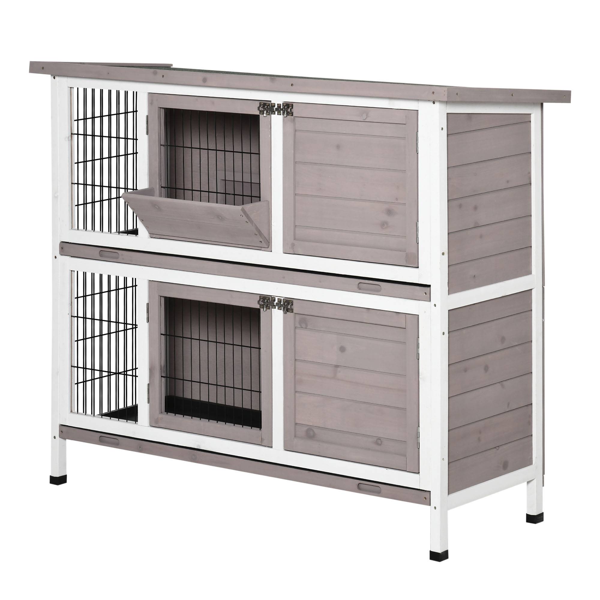 Cage à lapin en bois massif clapier 2 niveaux toit ouvrant avec auge plateaux coulisants 4 portes 122 x 50 x 101 cm gris blanc - Image 2