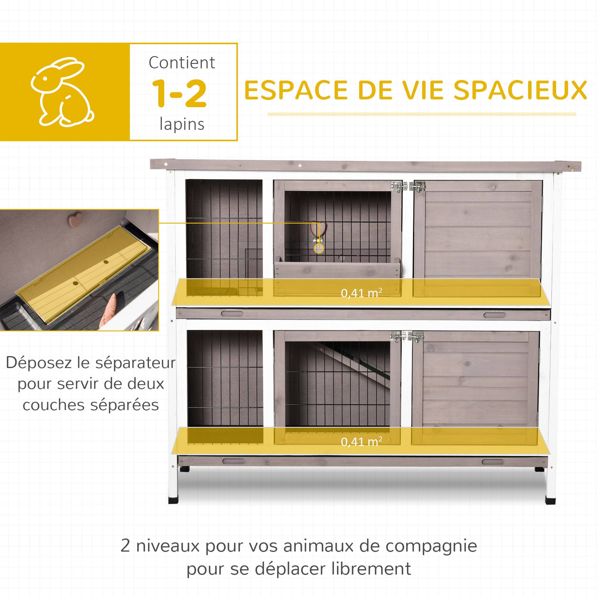 Cage à lapin en bois massif clapier 2 niveaux toit ouvrant avec auge plateaux coulisants 4 portes 122 x 50 x 101 cm gris blanc - Image 6