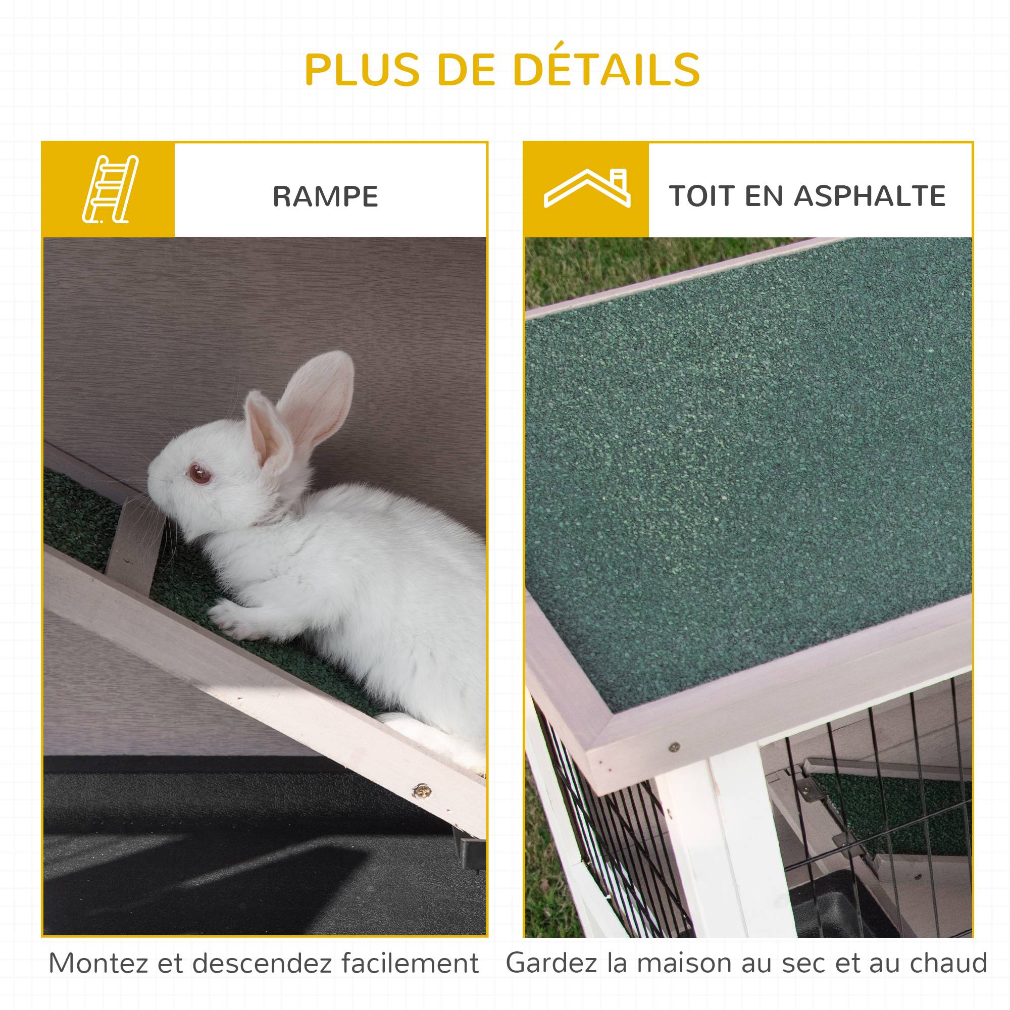 Cage à lapin en bois massif clapier 2 niveaux toit ouvrant avec auge plateaux coulisants 4 portes 122 x 50 x 101 cm gris blanc - Image 9