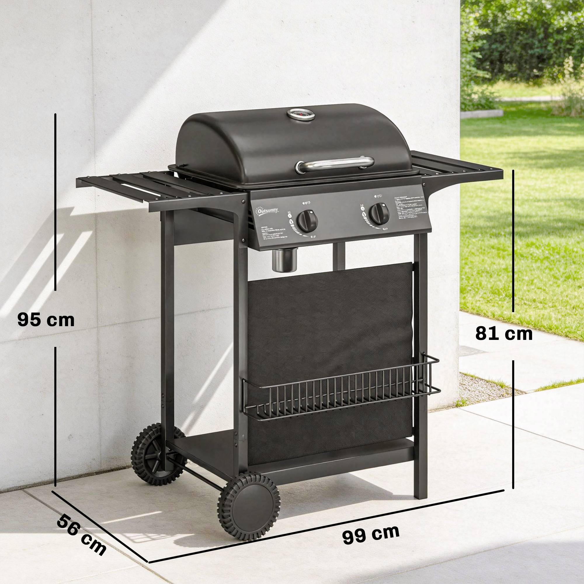 Sans Marque - Barbecue à gaz 2 brûleurs tablettes latérales thermomètre intégré acier inox 99x56x95 cm noir - Image 5