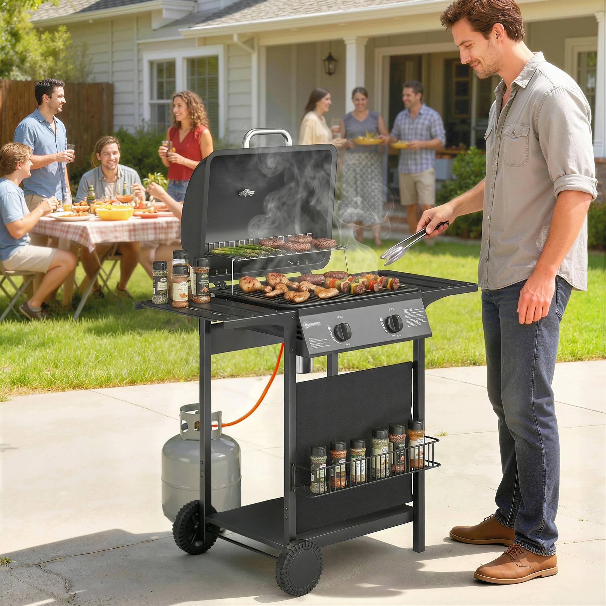 Sans Marque - Barbecue à gaz 2 brûleurs tablettes latérales thermomètre intégré acier inox 99x56x95 cm noir - Image 4