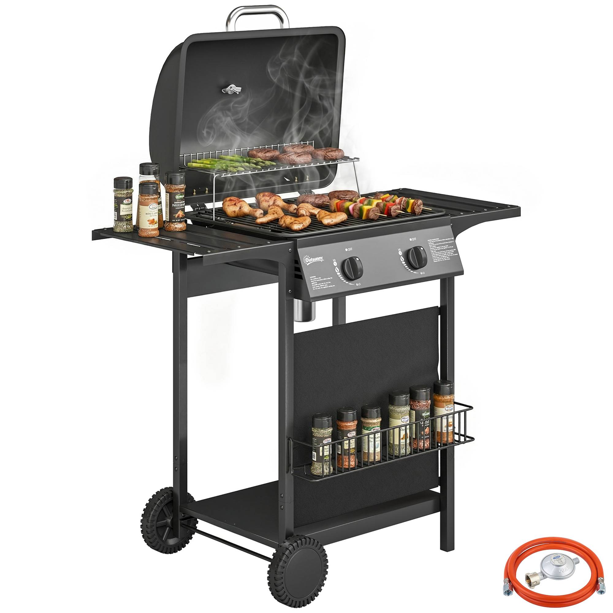 Sans Marque - Barbecue à gaz 2 brûleurs tablettes latérales thermomètre intégré acier inox 99x56x95 cm noir - Image 1