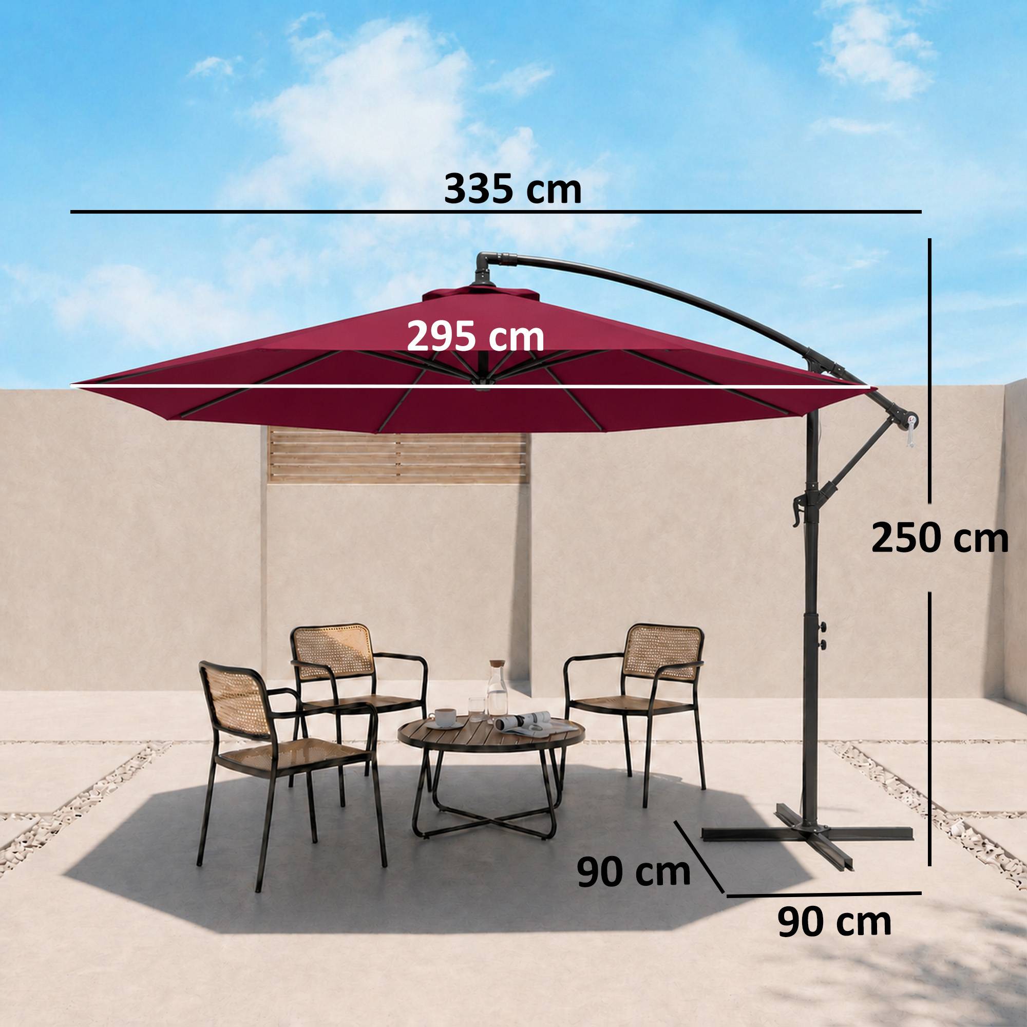 Parasol de jardin 3x2,5 m déporté inclinable avec manivelle, rouge foncé - Image 5