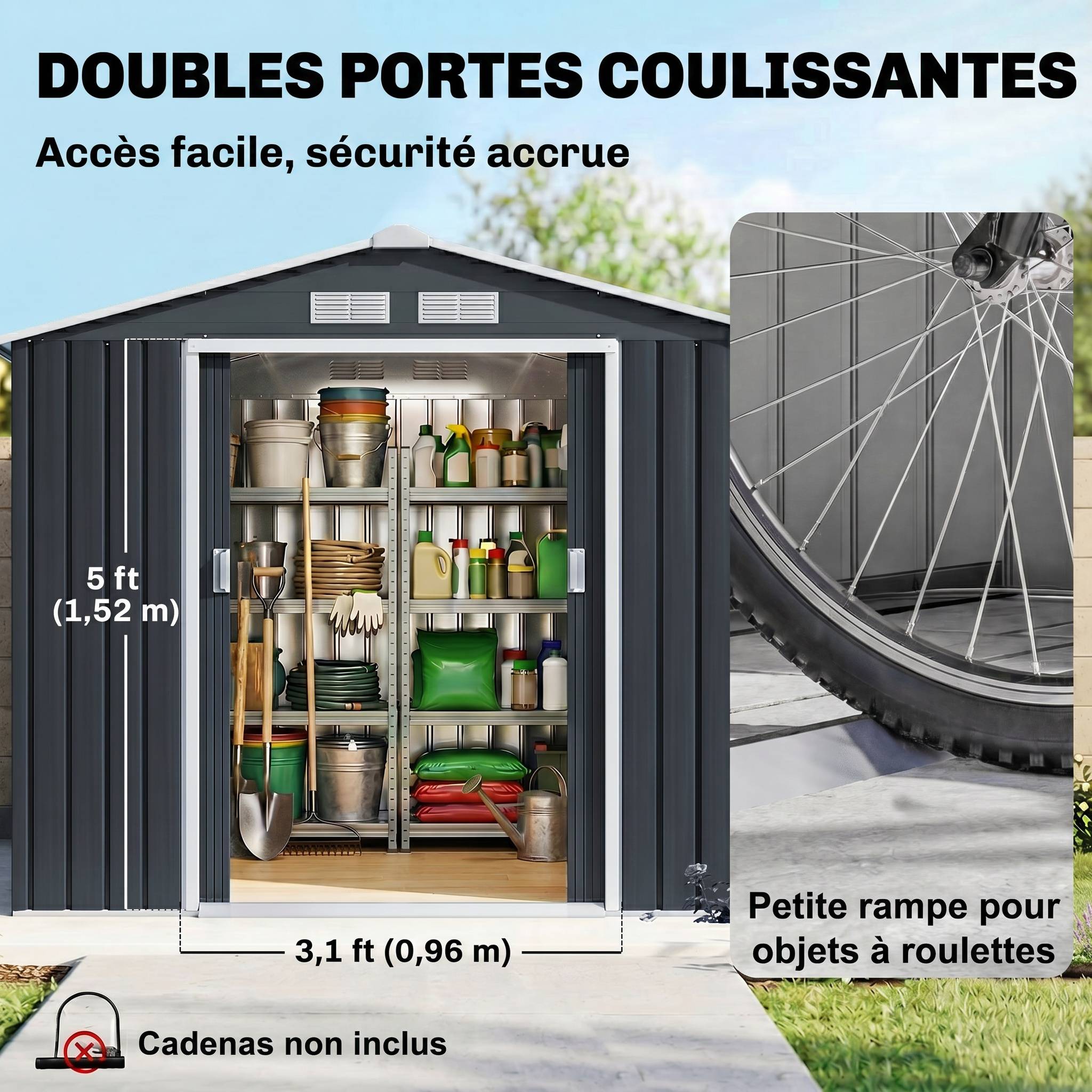 Sans Marque - Abri de Jardin 2,77 m² - Remise pour Outils avec Fondation - cabanon Porte verrouillable - tôle d'acier Gris - Image 6