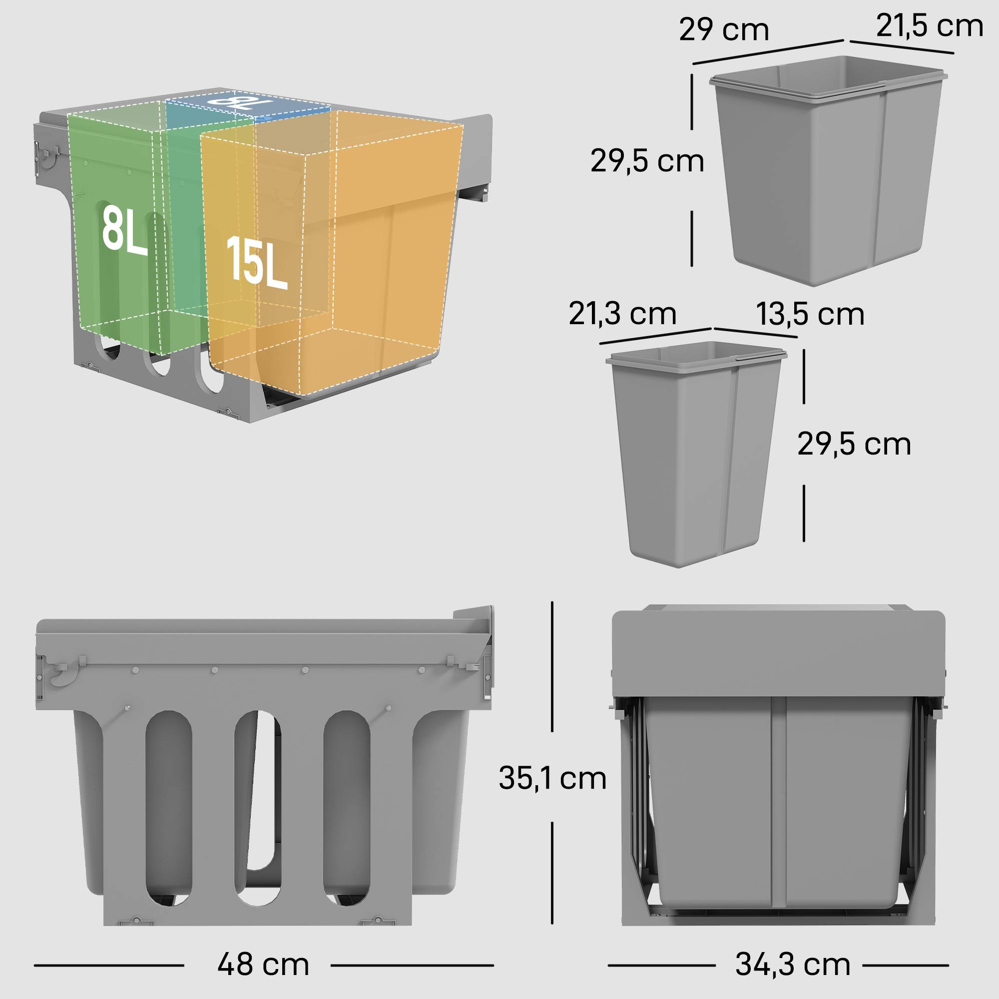 Sans Marque - Poubelle coulissante sous évier 3 compartiments 31 L 15 L + 2x8 L fixation bas gris clair - Image 5