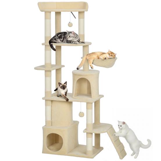 Arbre à chat beige géant 170 cm, 7 poteaux, 1 tunnel, 3 plateformes, 2 grottes, 1 hamac, très grand format - Image 1