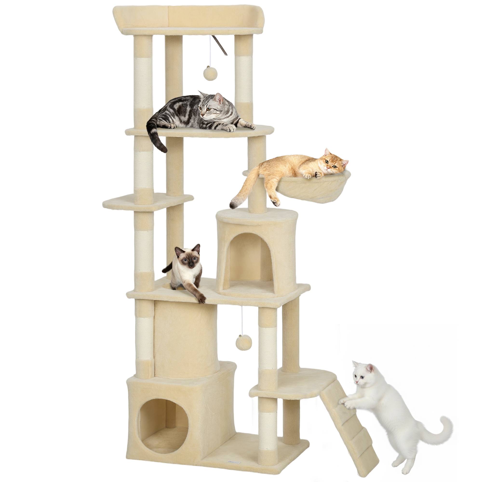 Arbre à chat beige géant 170 cm, 7 poteaux, 1 tunnel, 3 plateformes, 2 grottes, 1 hamac, très grand format - Image 1